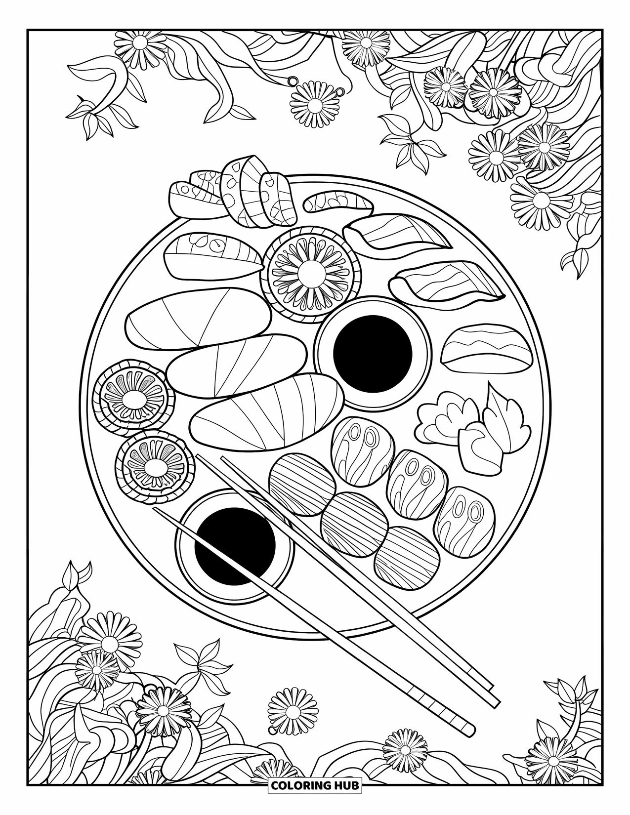 Sushi Coloring Page for Adults: A sushi spread with precisely arranged rolls, intricate food textures, and decorative details