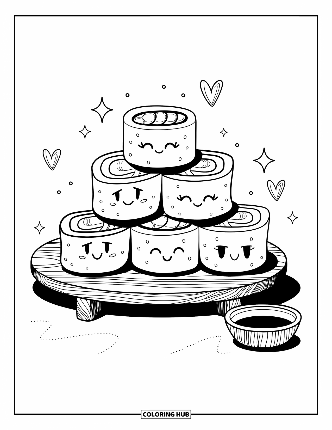 Sushi Coloring Page for Adults: A sushi tower balancing delicately, with a soy sauce dish and a charming background