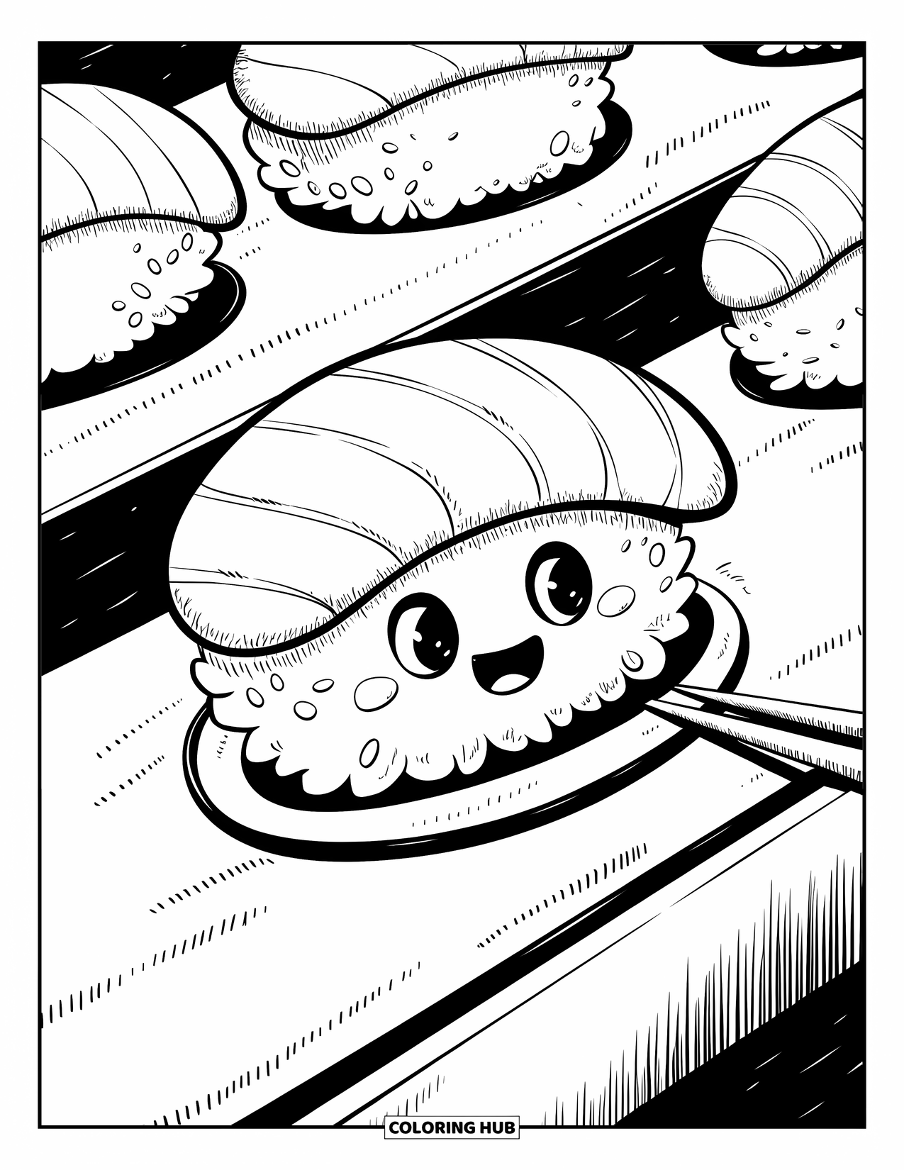 Sushi Coloring Page for Adults: A sushi train ride with a smiling nigiri sushi, on a playful and exciting journey