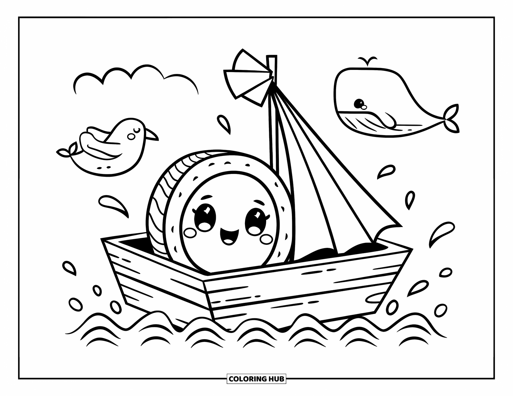 Sushi Coloring Page for Adults: A sushi tray boat carrying a sushi roll across a whimsical ocean, with a kawaii whale and seagull