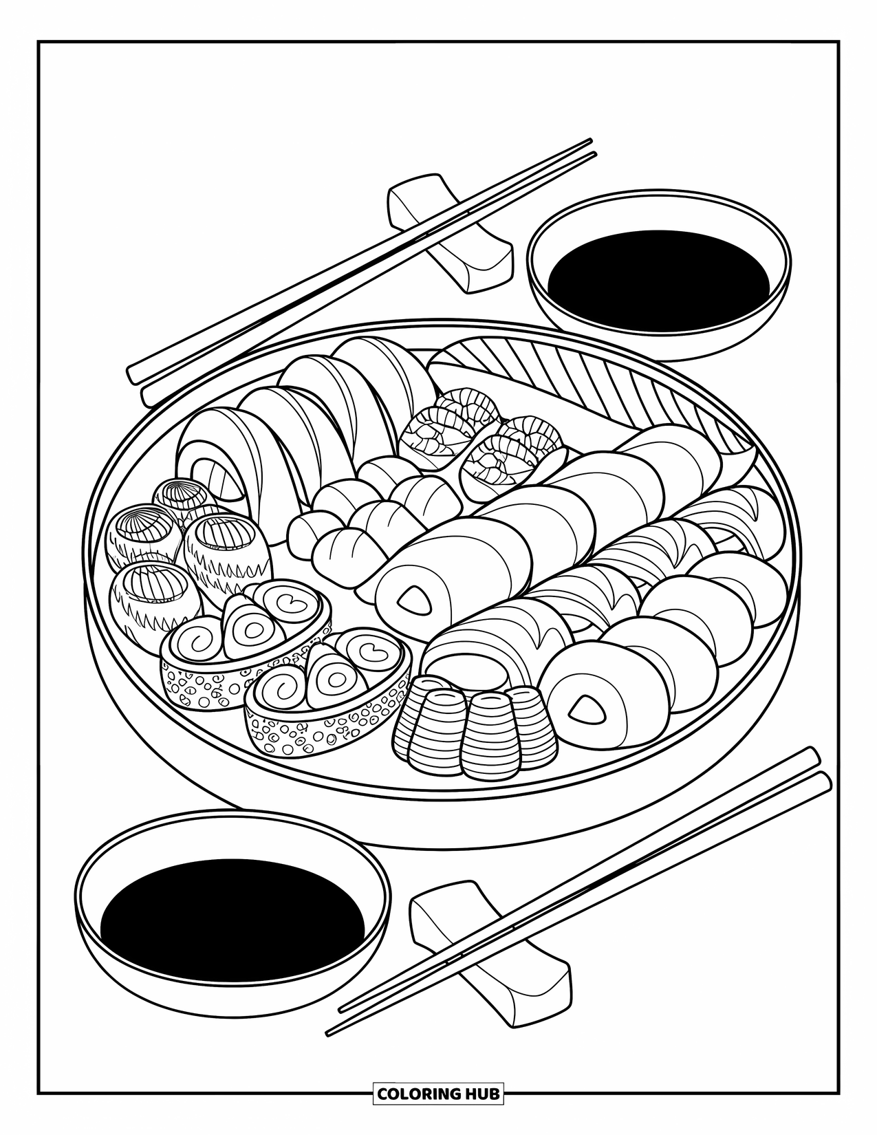 Sushi Coloring Page for Adults: A traditional sushi platter with fine chopsticks, soy sauce dishes, and delicate details