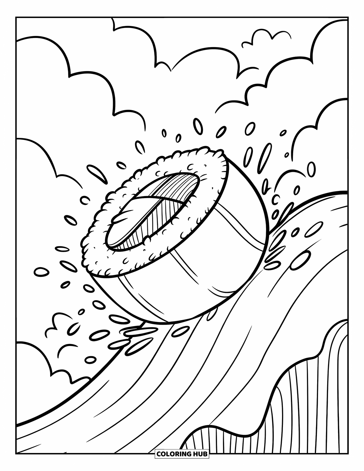 Sushi Coloring Page for Adults: A tumbling sushi roll joyfully rolling down a hill, leaving a trail of rice and seaweed