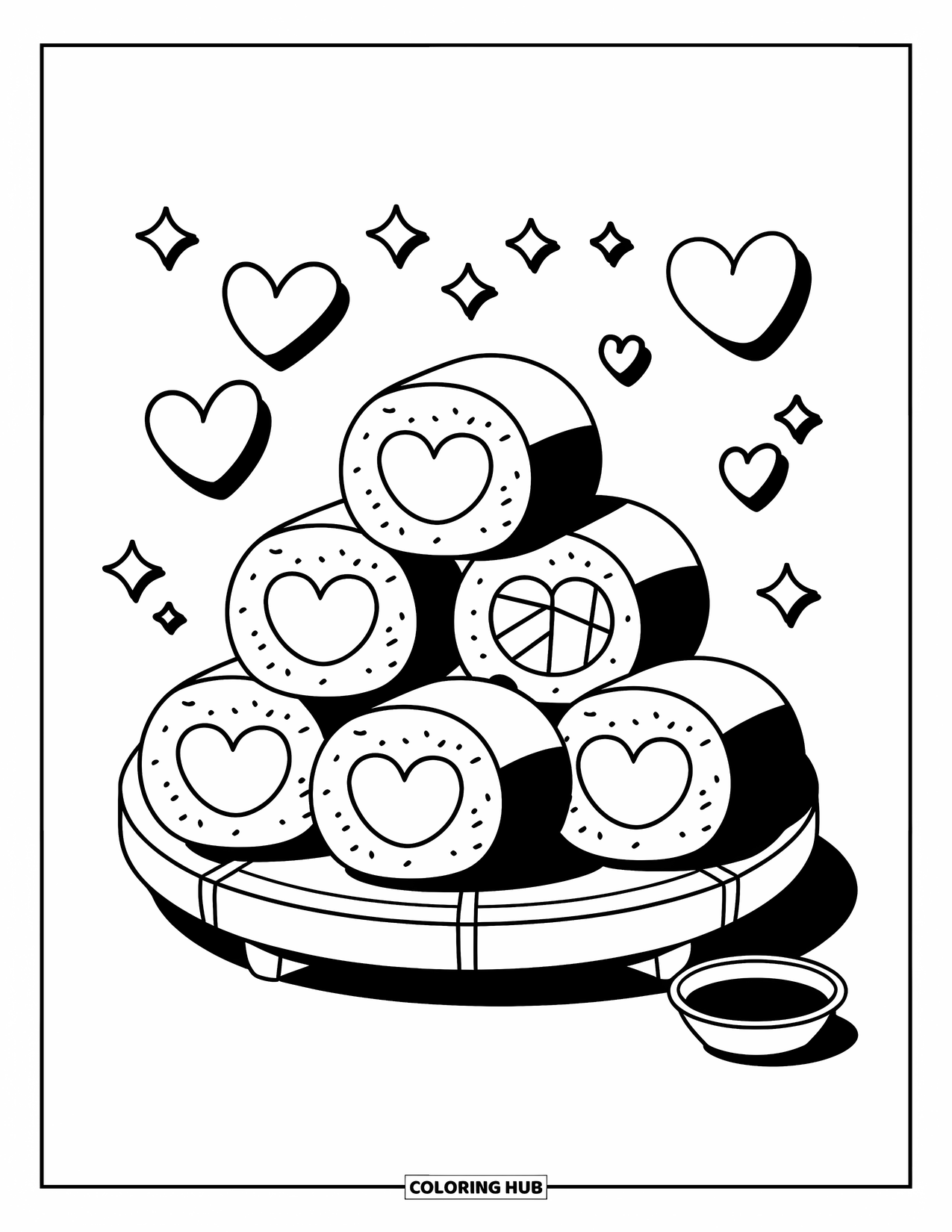 Sushi Coloring Page for Adults: A whimsical sushi stack arranged like a pyramid, surrounded by floating hearts and sparkles