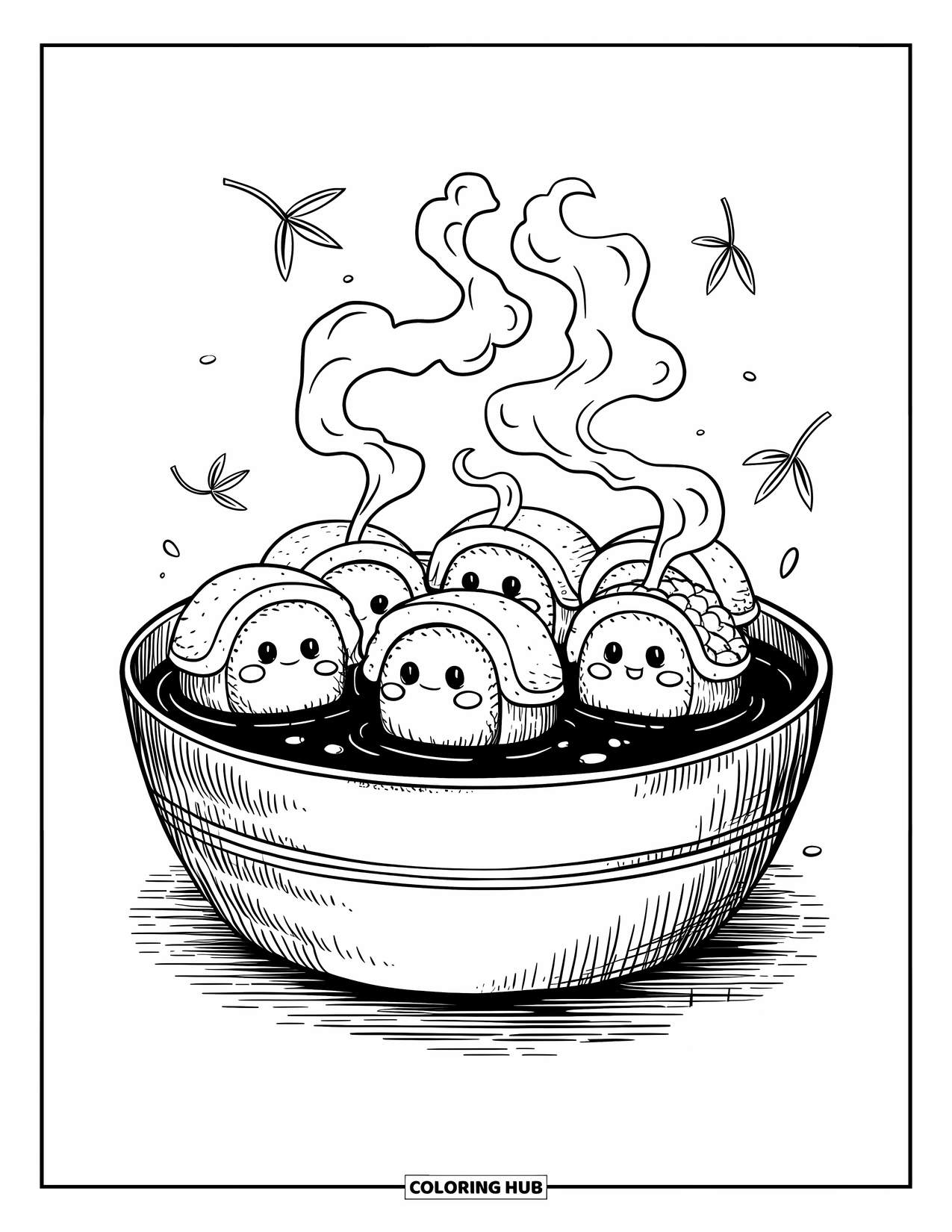 Sushi Coloring Page for Adults: Sushi rolls soaking in a soy sauce bath, enjoying a peaceful hot spring moment