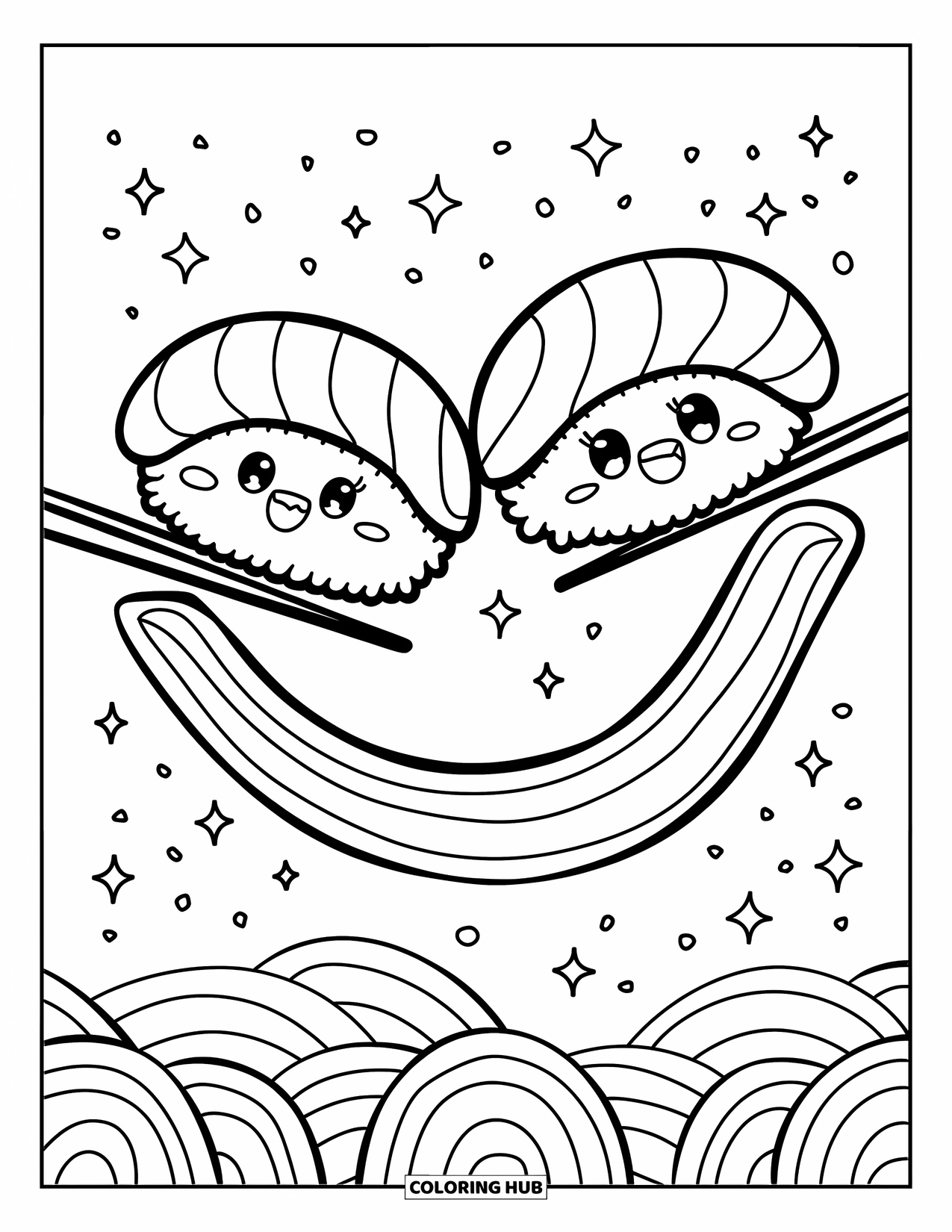 Sushi Coloring Page for Adults: Two sushi rolls holding hands as they slide down a rainbow-shaped chopstick in a whimsical scene