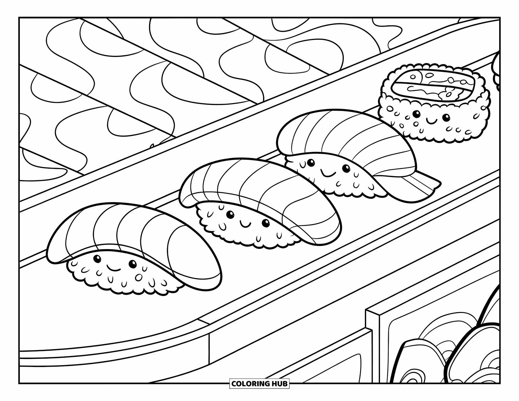 Sushi Coloring Page for Kids: A cartoon sushi conveyor belt with various sushi pieces riding along in a playful setting