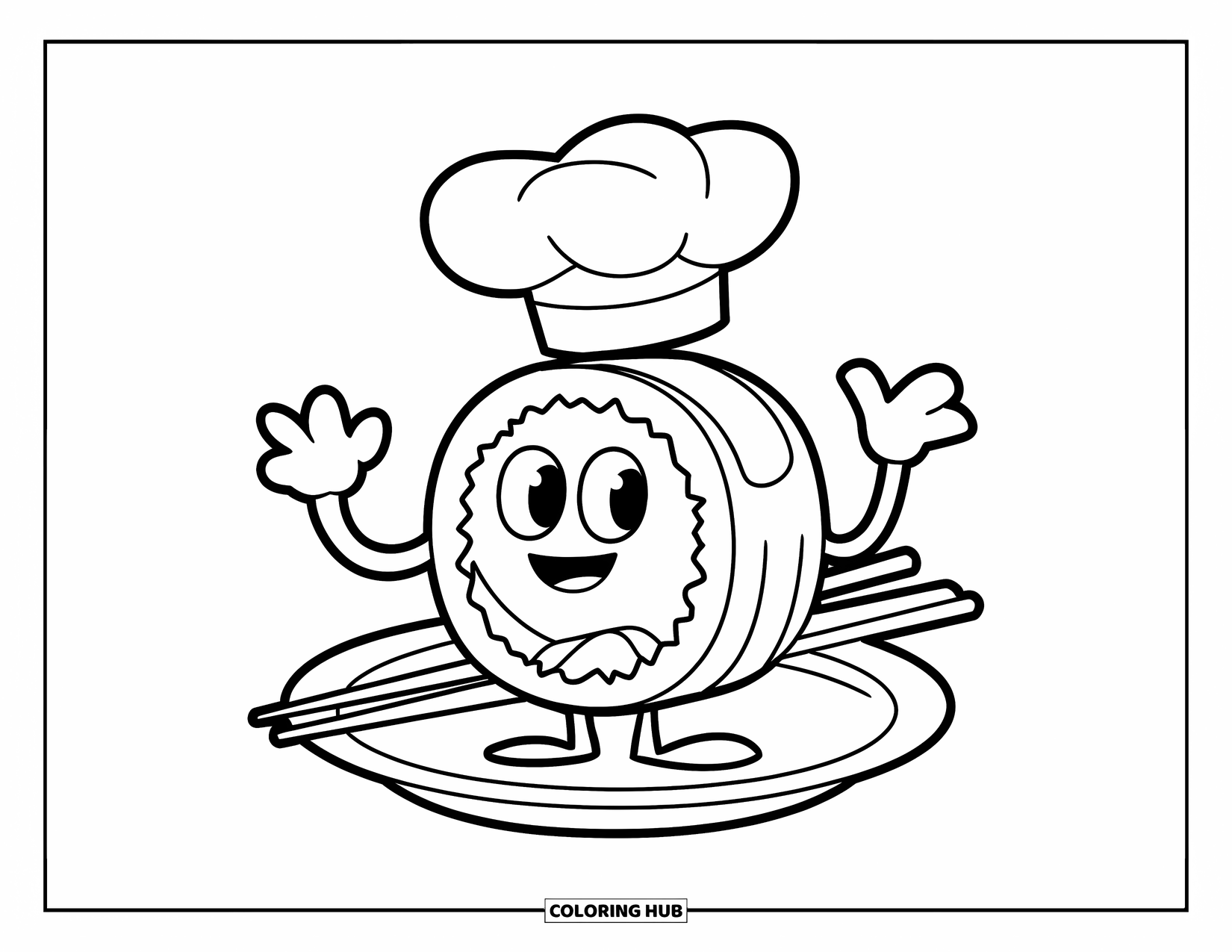 Sushi Coloring Page for Kids: A cartoon sushi roll with arms and legs, wearing a chef's hat, standing on a plate