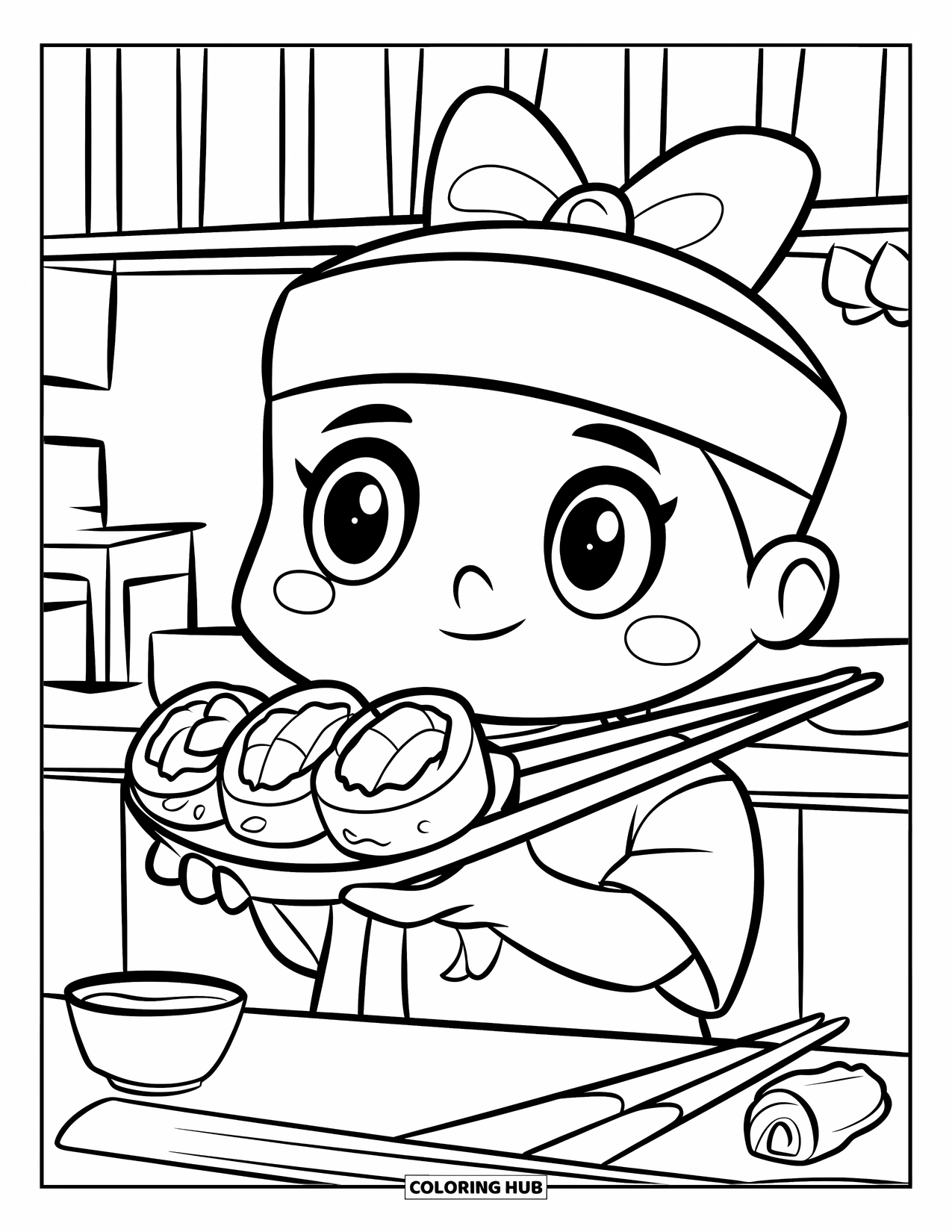 Sushi Coloring Page for Kids: A cheerful sushi chef in a traditional outfit, holding a maki roll in front of a sushi counter