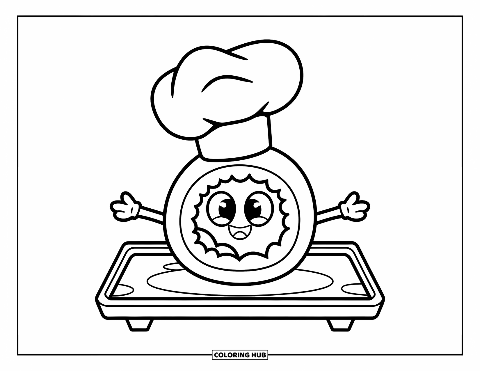 Sushi Coloring Page for Kids: A cheerful sushi roll chef sitting on a tray, with a blank background for easy coloring