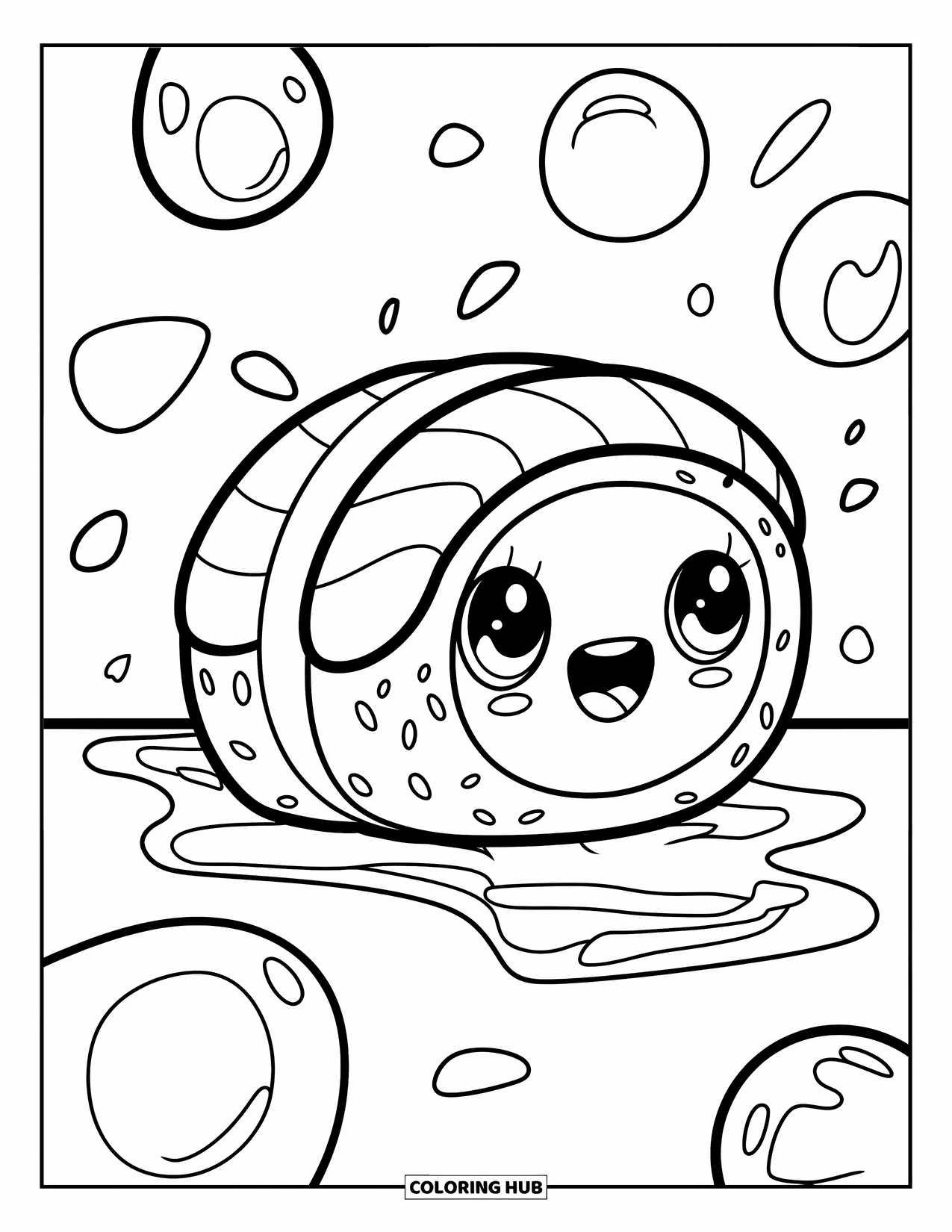Sushi Coloring Page for Kids: A cheerful sushi roll in a cute, simple style, surrounded by seaweed and large bubbles