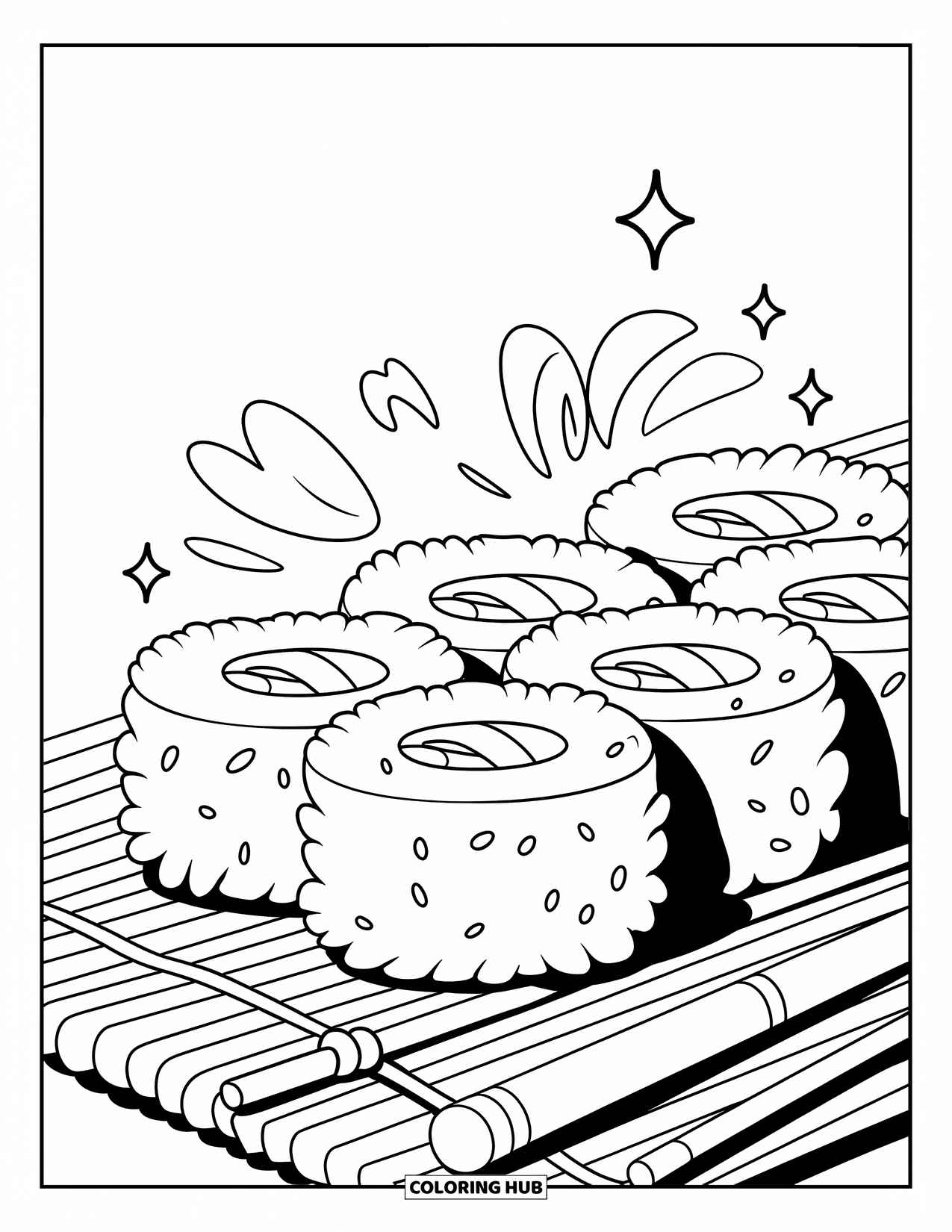 Sushi Coloring Page for Kids: A close-up sushi roll composition with doodle-style waves and sparkles, designed with bold outlines