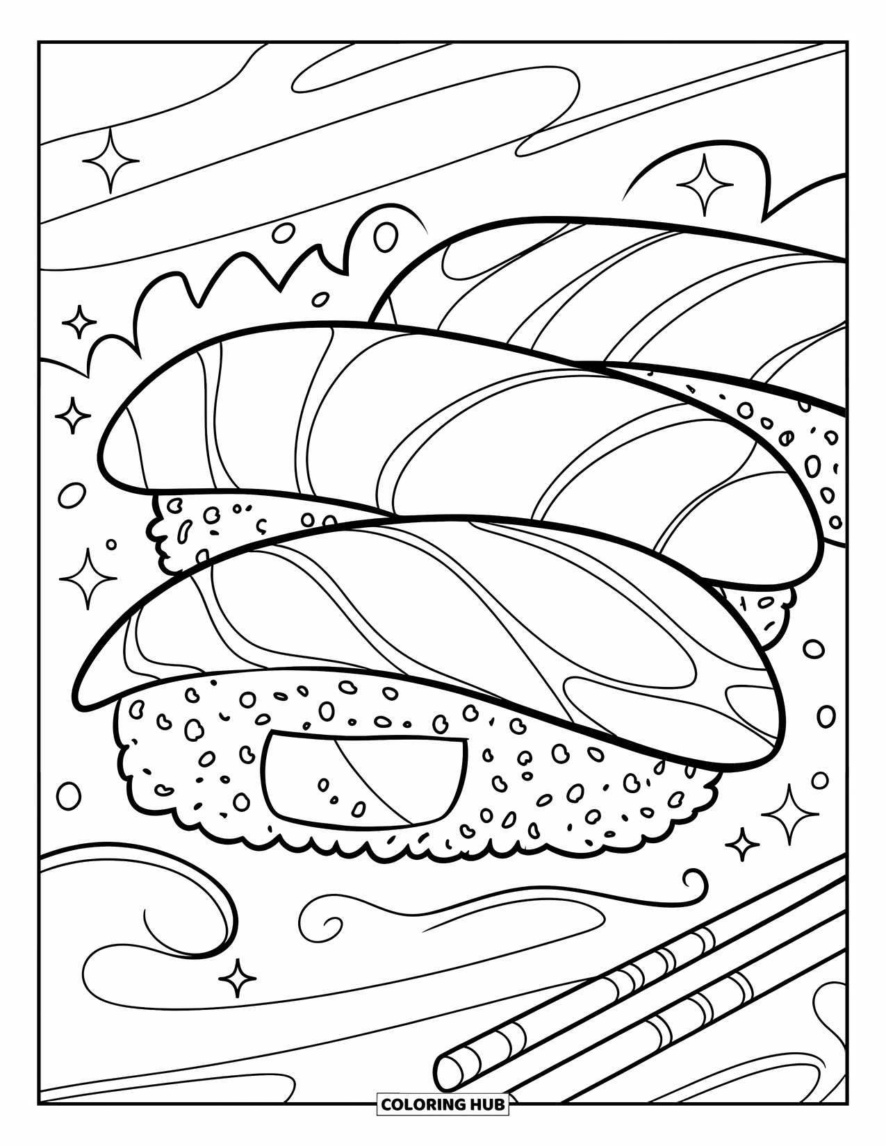 Sushi Coloring Page for Kids: A close-up view of sushi rolls, surrounded by artistic doodle elements like waves and sparkles