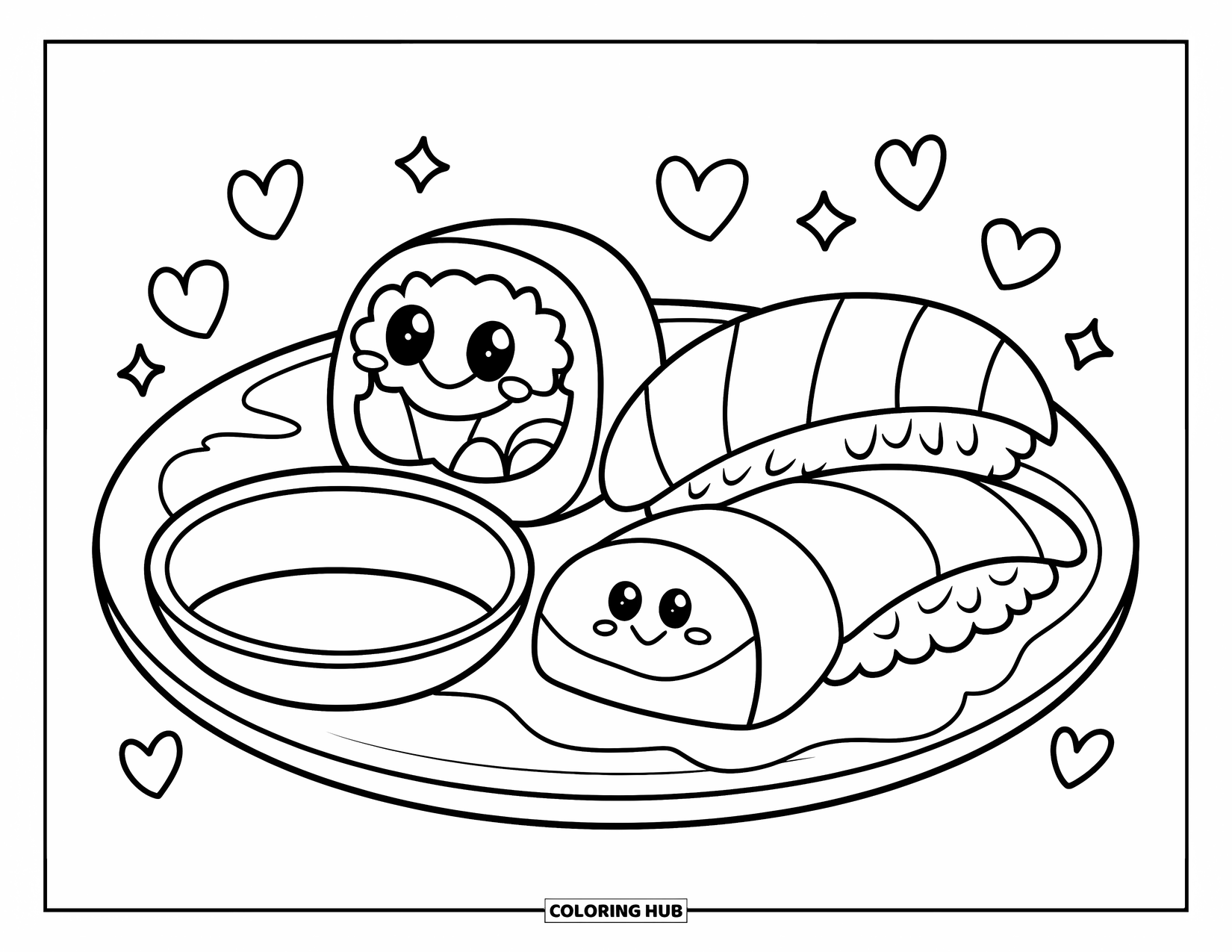 Sushi Coloring Page for Kids: A cute sushi plate with a happy face, featuring a maki roll, nigiri, and soy sauce dish
