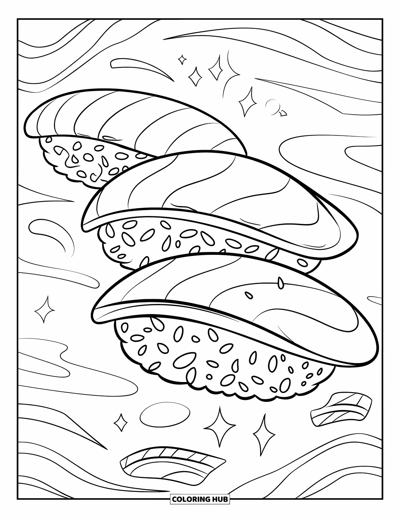 Sushi Coloring Page for Kids: A detailed sushi roll illustration with artistic doodles and a bamboo mat, perfect for coloring