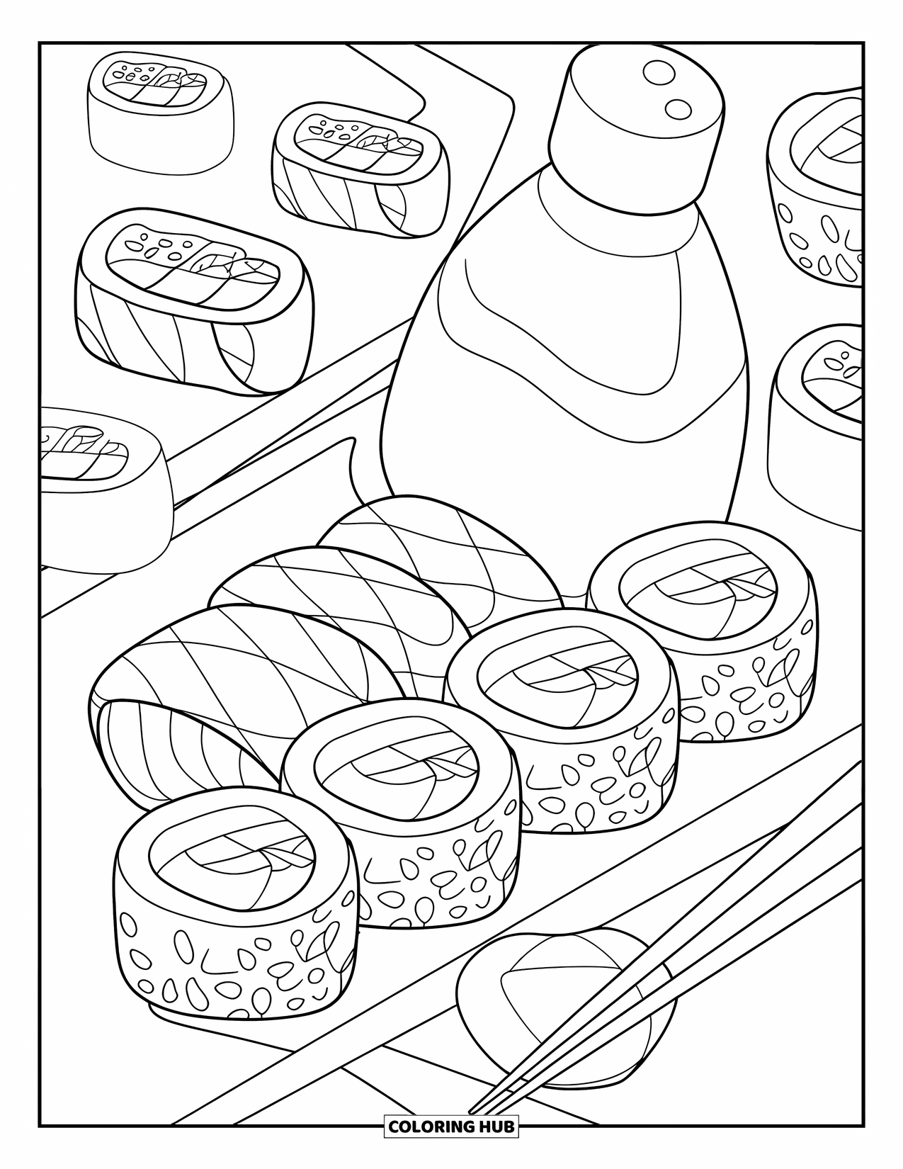 Sushi Coloring Page for Kids: A detailed sushi-themed scene with elegant patterns and floating sushi rolls for an engaging coloring experience