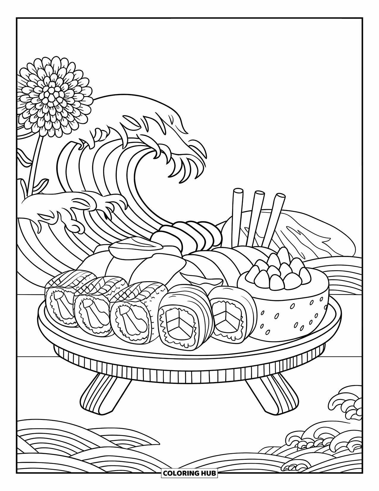 Sushi Coloring Page for Kids: A dynamic sushi platter illustration filled with different sushi types, artistic swirls, and a wooden stand