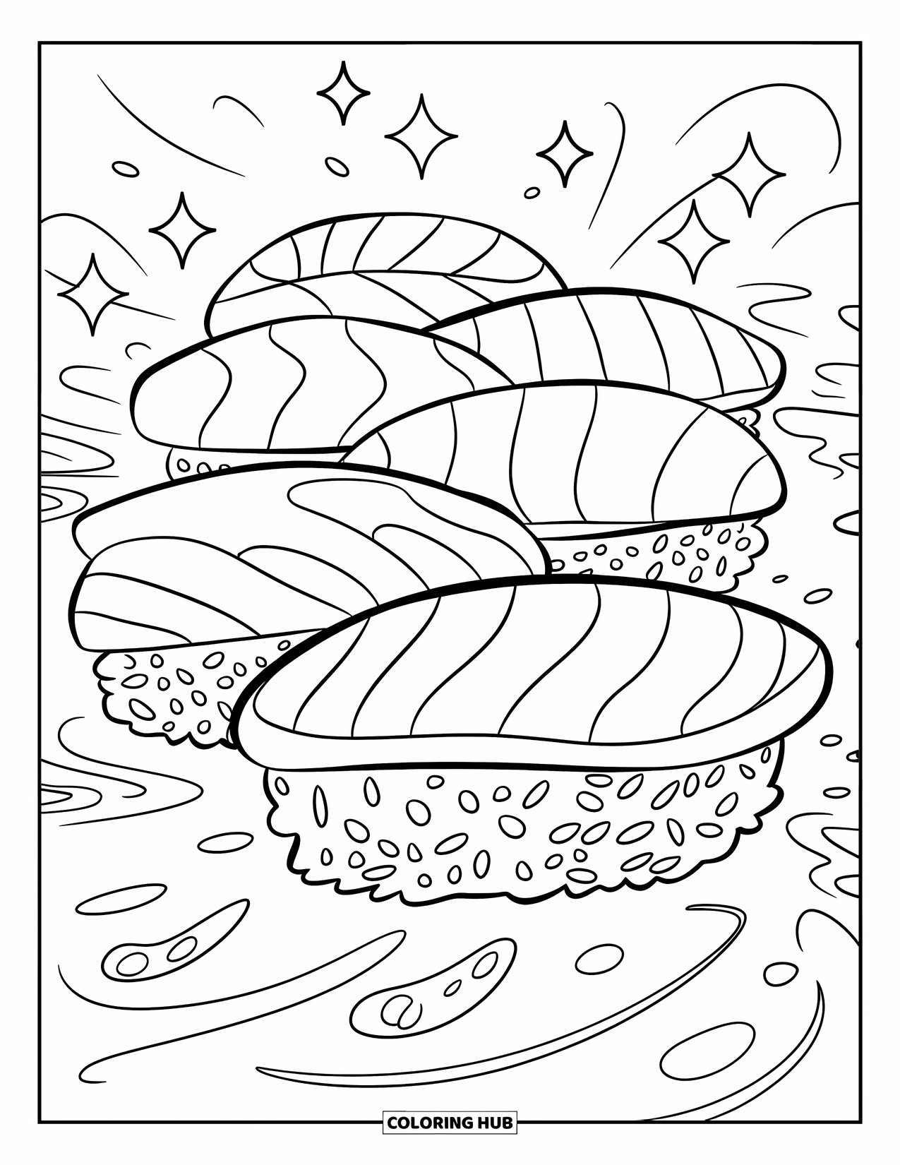 Sushi Coloring Page for Kids: A dynamic sushi roll illustration with realistic yet fun details, surrounded by swirls and decorative elements