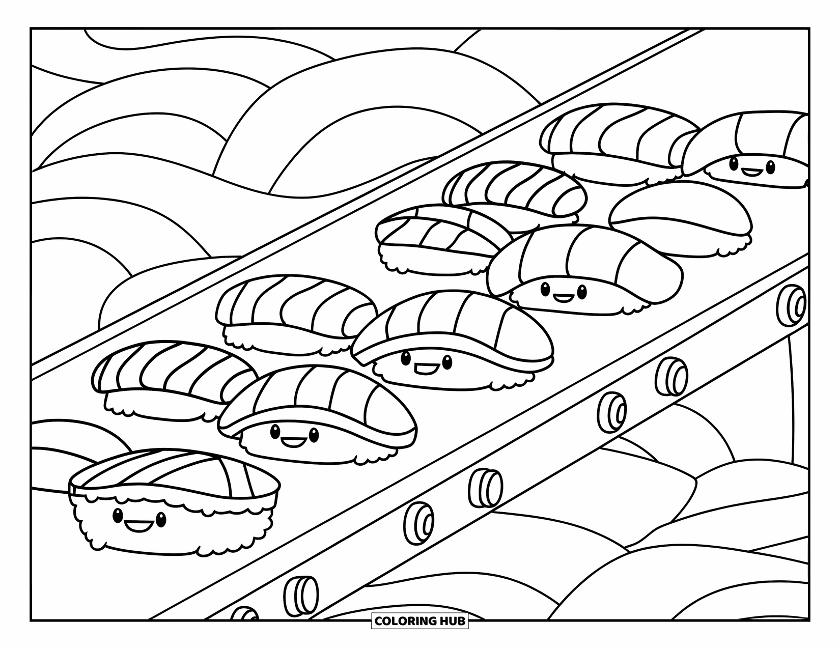 Sushi Coloring Page for Kids: A fun sushi conveyor belt scene with happy sushi pieces waving at each other