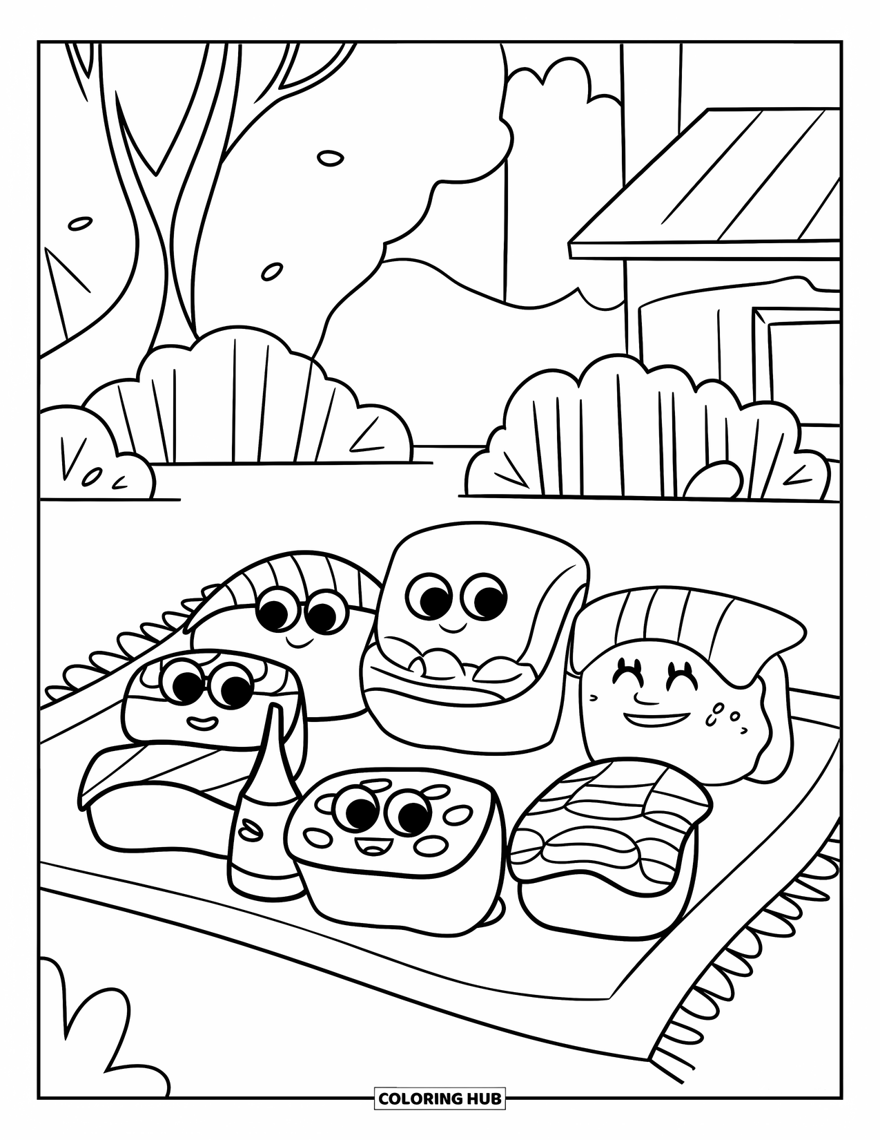 Sushi Coloring Page for Kids: A fun sushi picnic scene with happy sushi pieces and a simple background for easy coloring