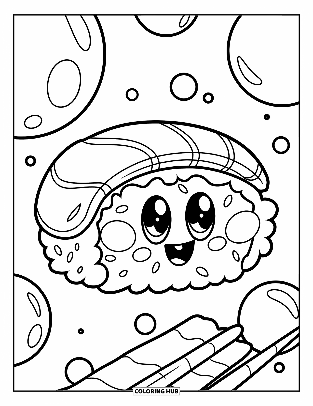 Sushi Coloring Page for Kids: A happy sushi roll with a seaweed strip, surrounded by large bubbles