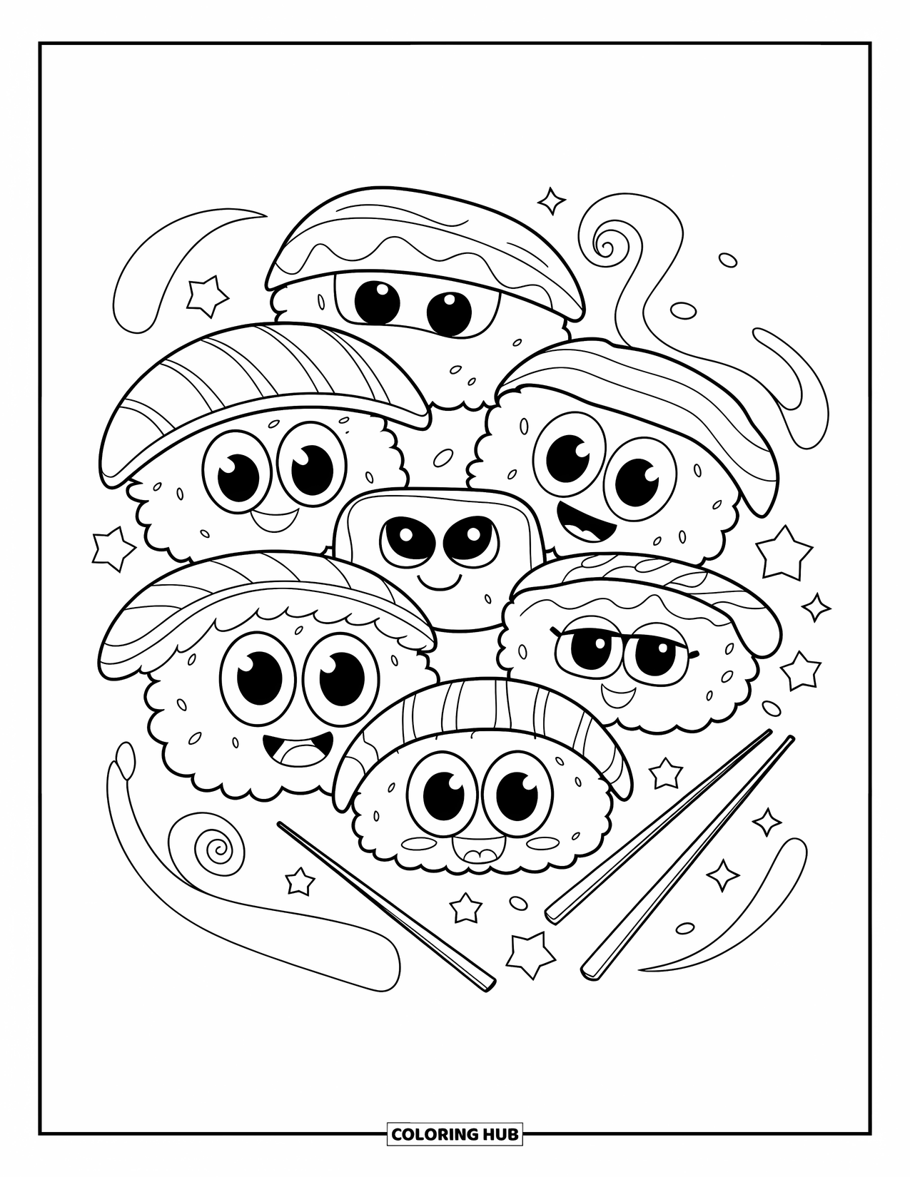 Sushi Coloring Page for Kids: A joyful sushi arrangement with cheerful sushi pieces and decorative elements like swirls and stars