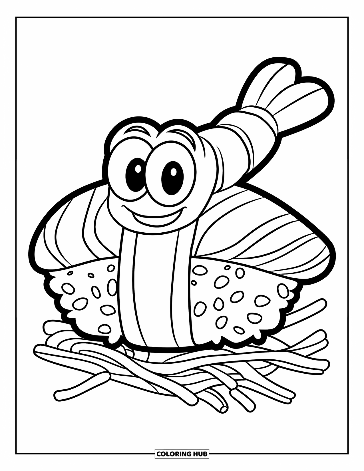 Sushi Coloring Page for Kids: A kawaii nigiri sushi with a big, happy shrimp and a clean, simple background