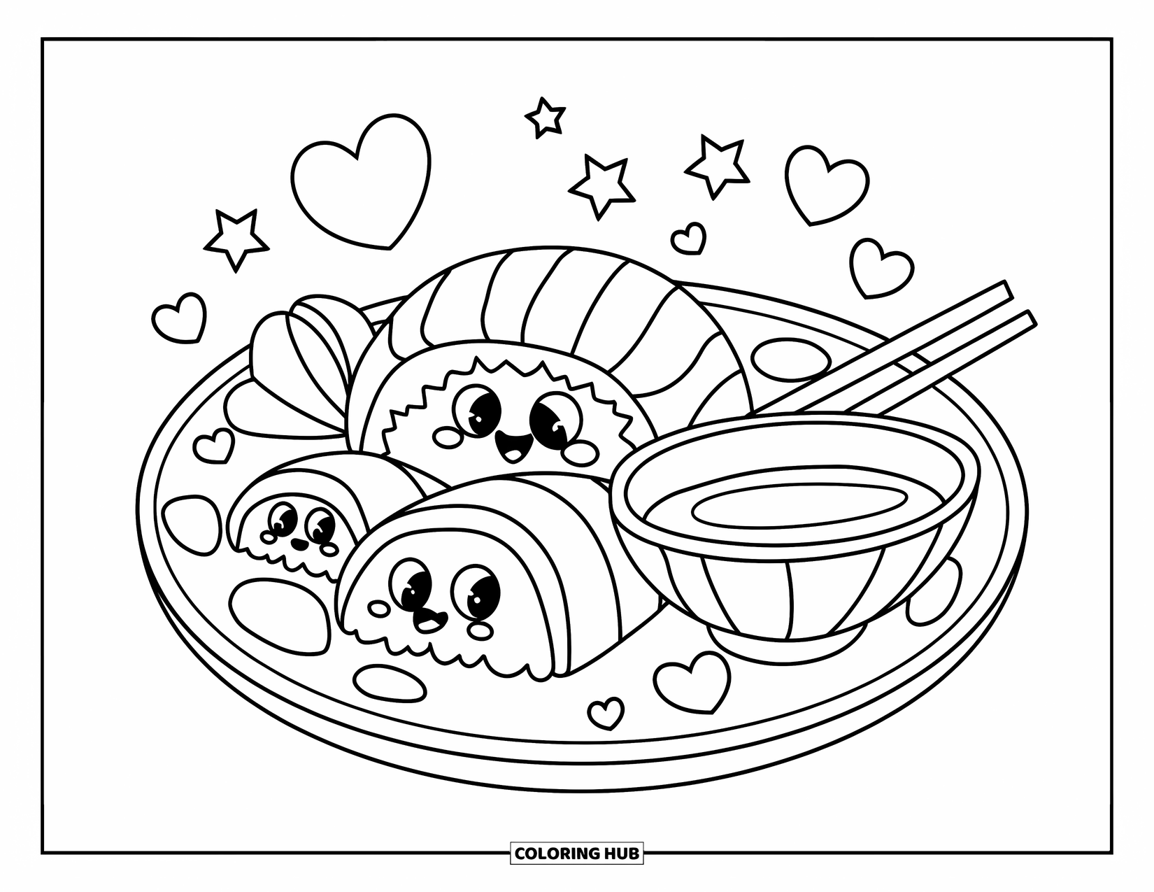 Sushi Coloring Page for Kids: A kawaii-style sushi plate with smiling sushi, hearts, and stars in a clean, bold design