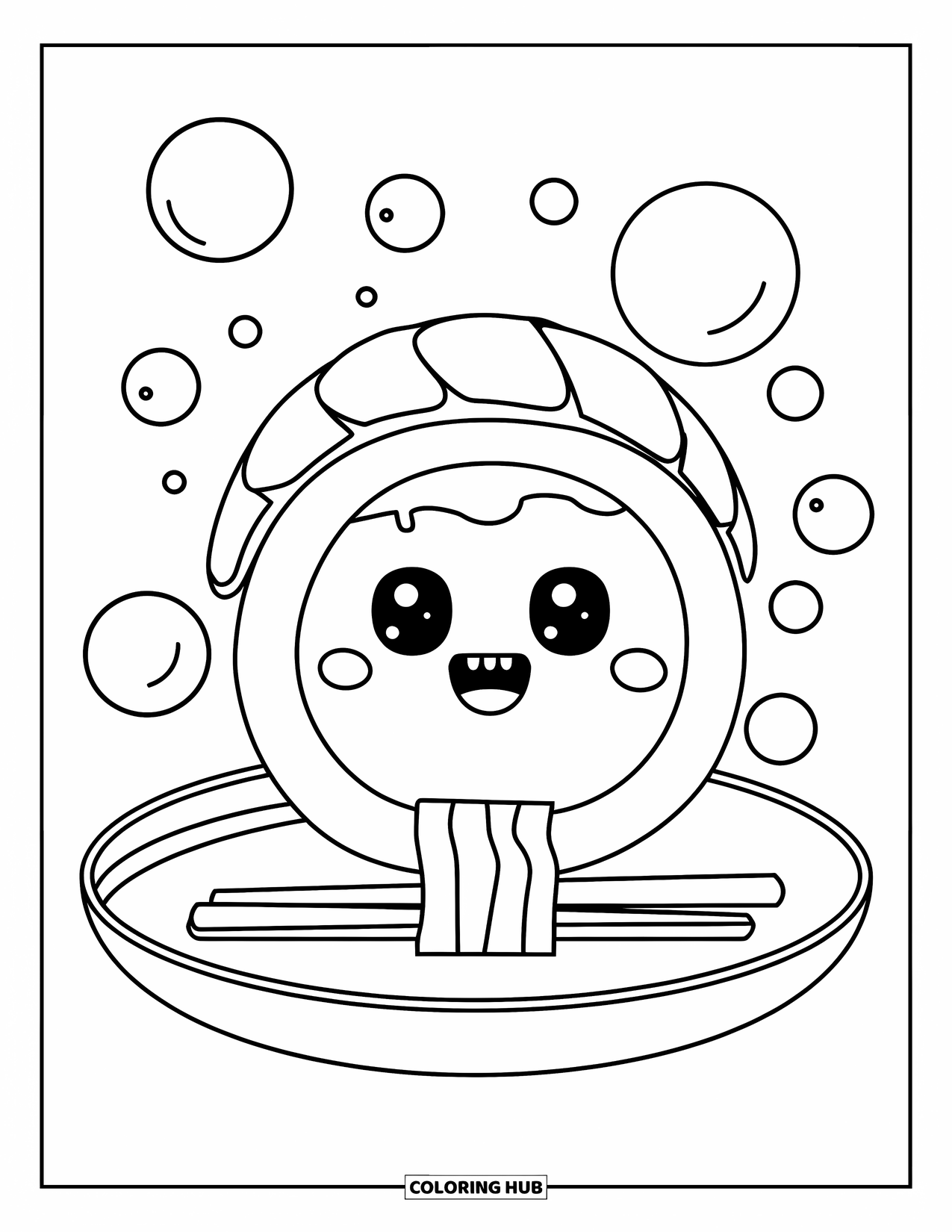 Sushi Coloring Page for Kids: A kawaii-style sushi roll with a big smile, floating with bubbles and seaweed