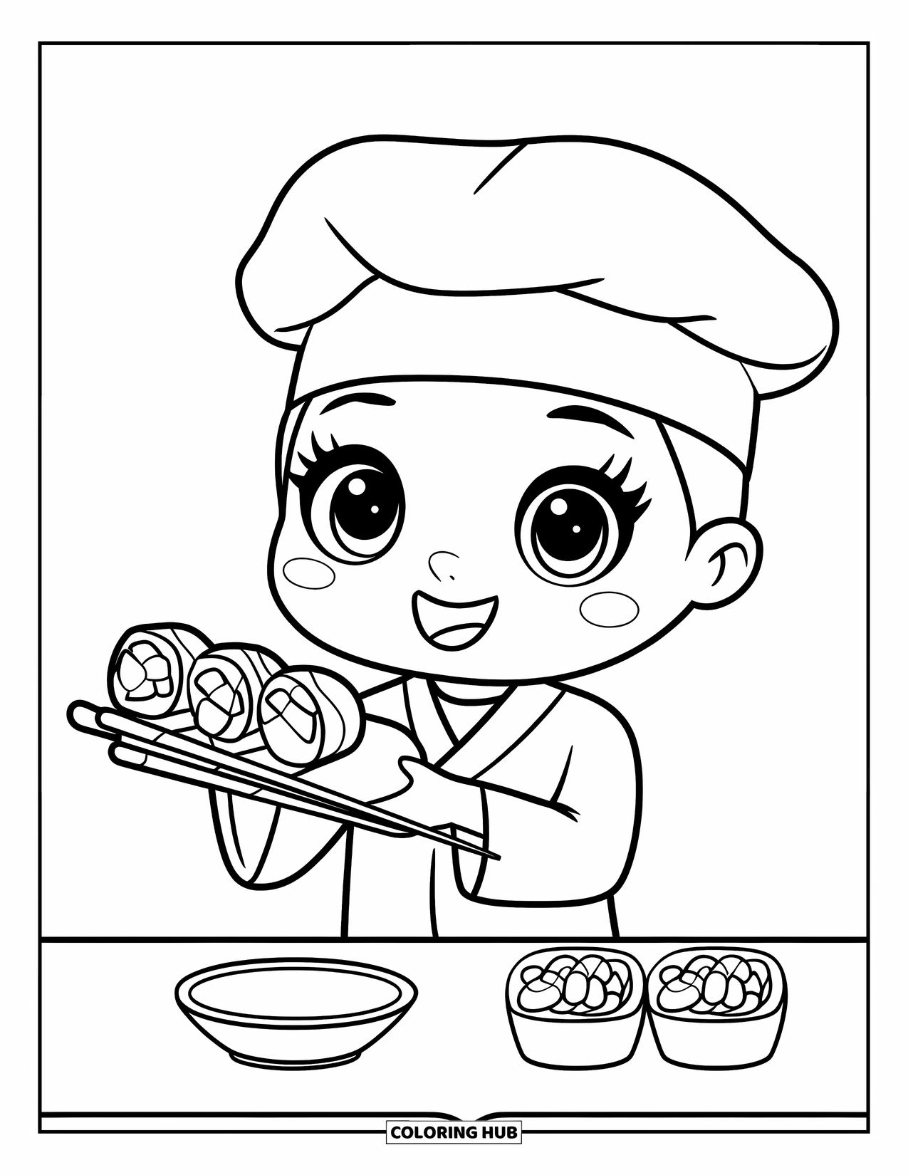 Sushi Coloring Page for Kids: A kawaii sushi chef holding a maki roll, standing in front of a small sushi counter