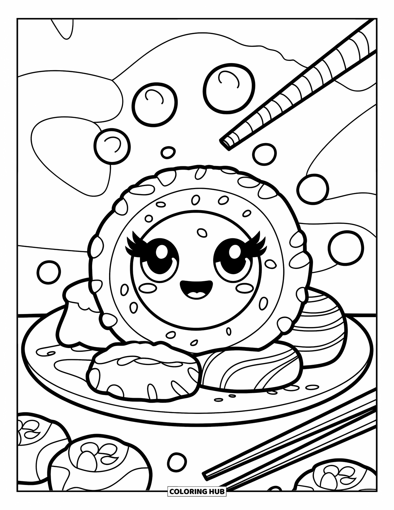 Sushi Coloring Page for Kids: A kawaii sushi roll with a happy face, surrounded by bubbles and seaweed strips on a plate