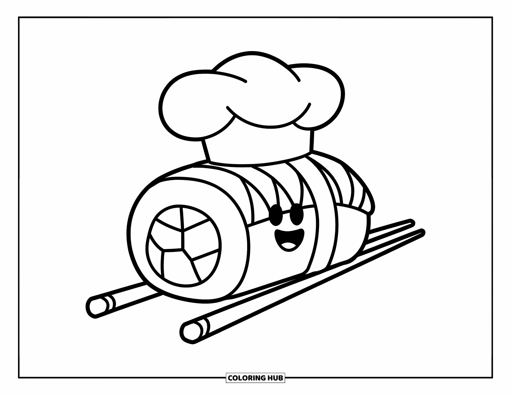 Sushi Coloring Page for Kids: A smiling sushi roll with a chef's hat, arms, and legs, ready to cook in a fun, simple design