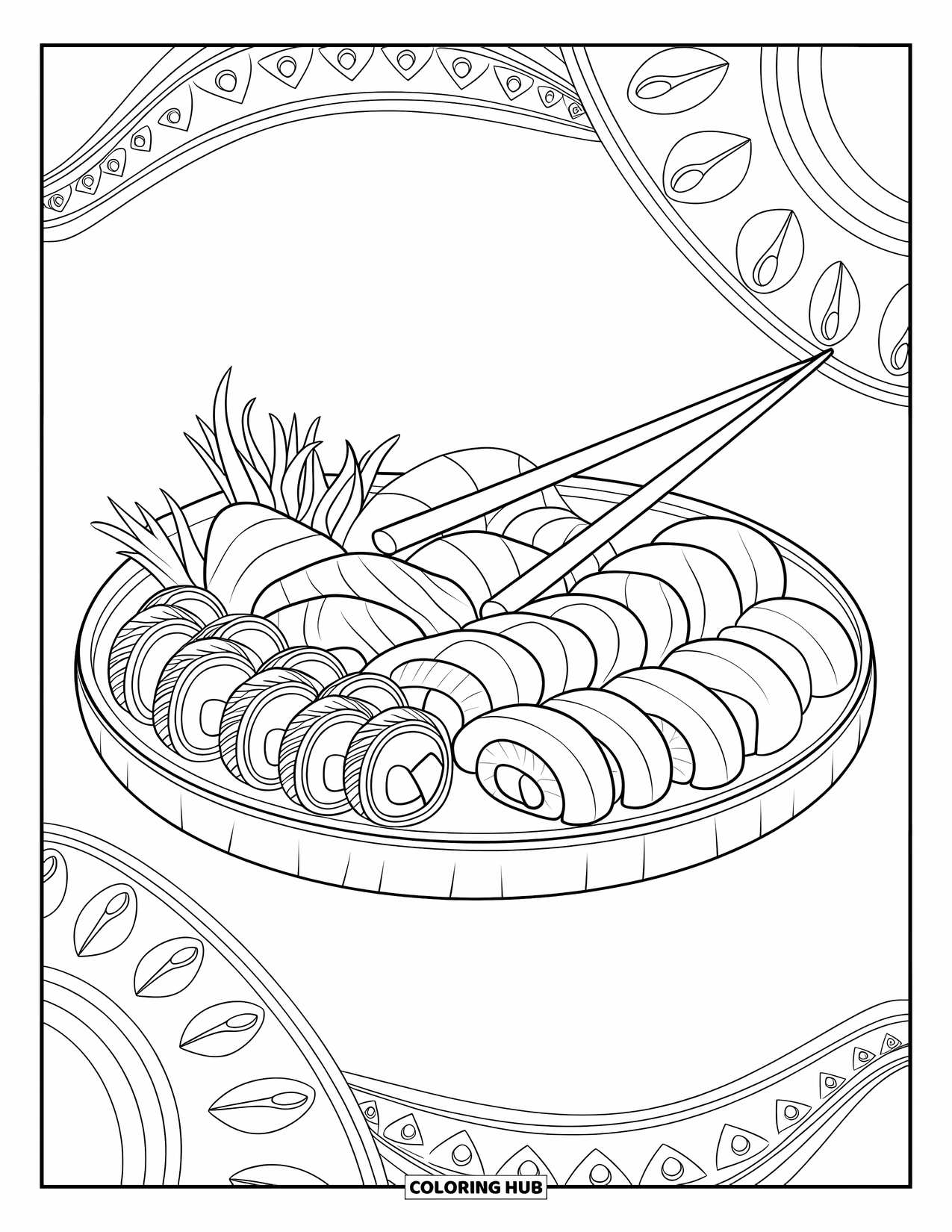 Sushi Coloring Page for Kids: A stylish sushi platter with a variety of rolls and sashimi, surrounded by elegant patterns