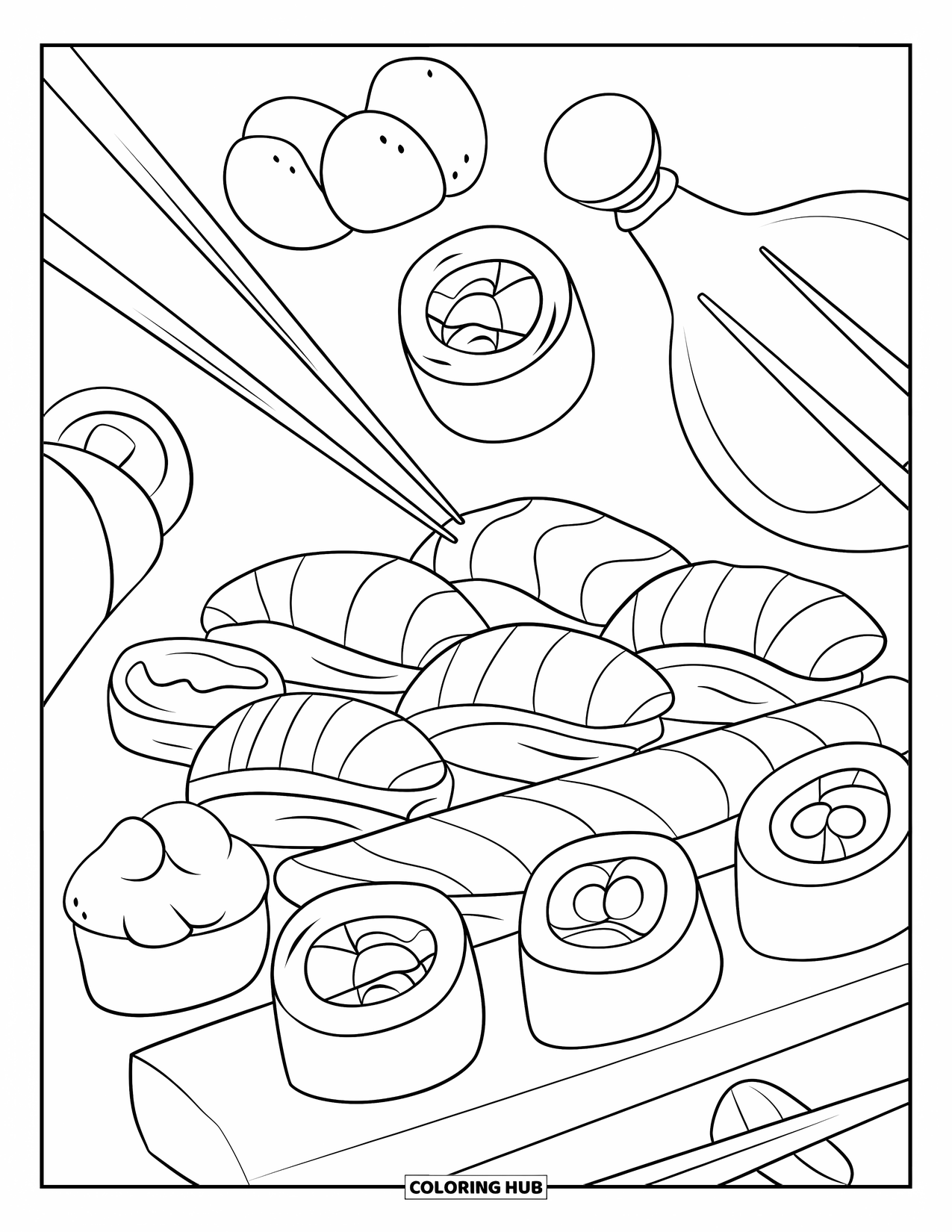 Sushi Coloring Page for Kids: A stylish sushi scene with chopsticks and soy sauce, designed with clean, bold outlines for coloring