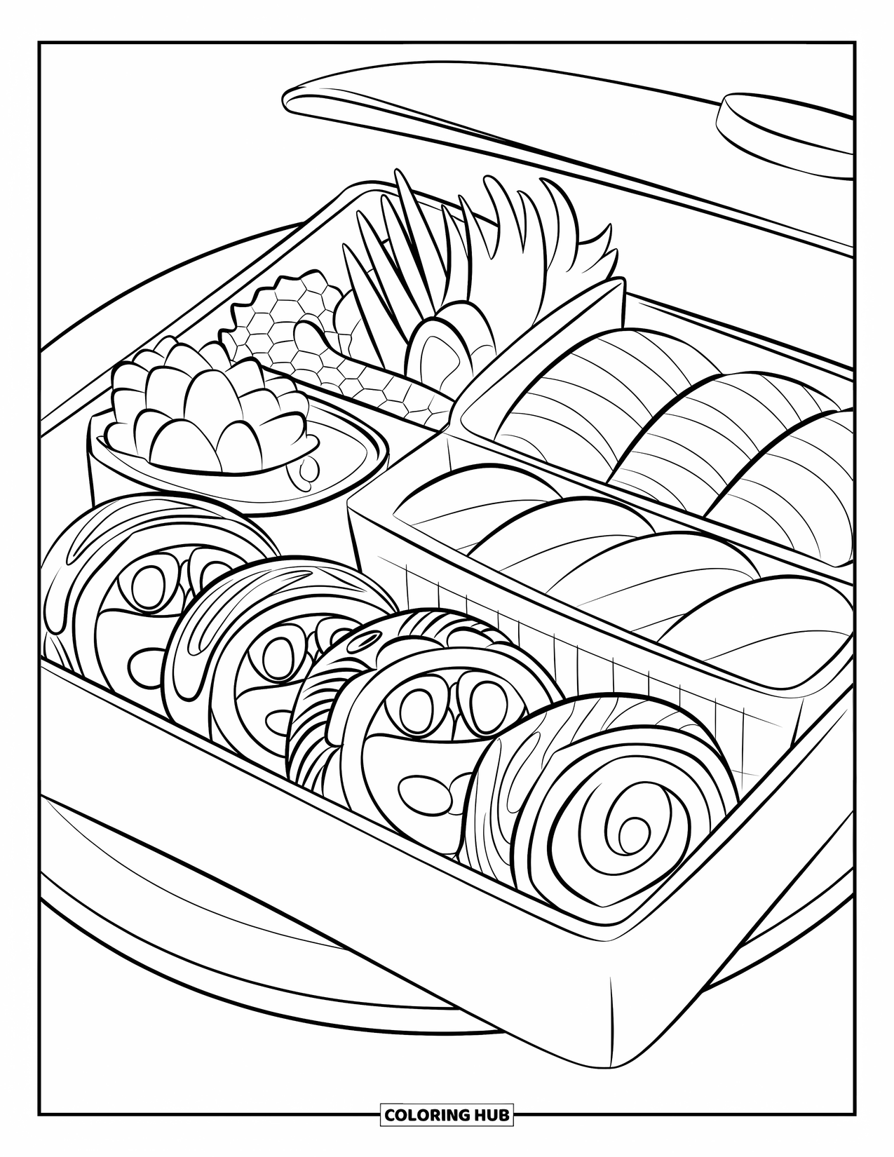 Sushi Coloring Page for Kids: A sushi bento box filled with delicious sushi rolls, neatly arranged in a fun, artistic style for coloring