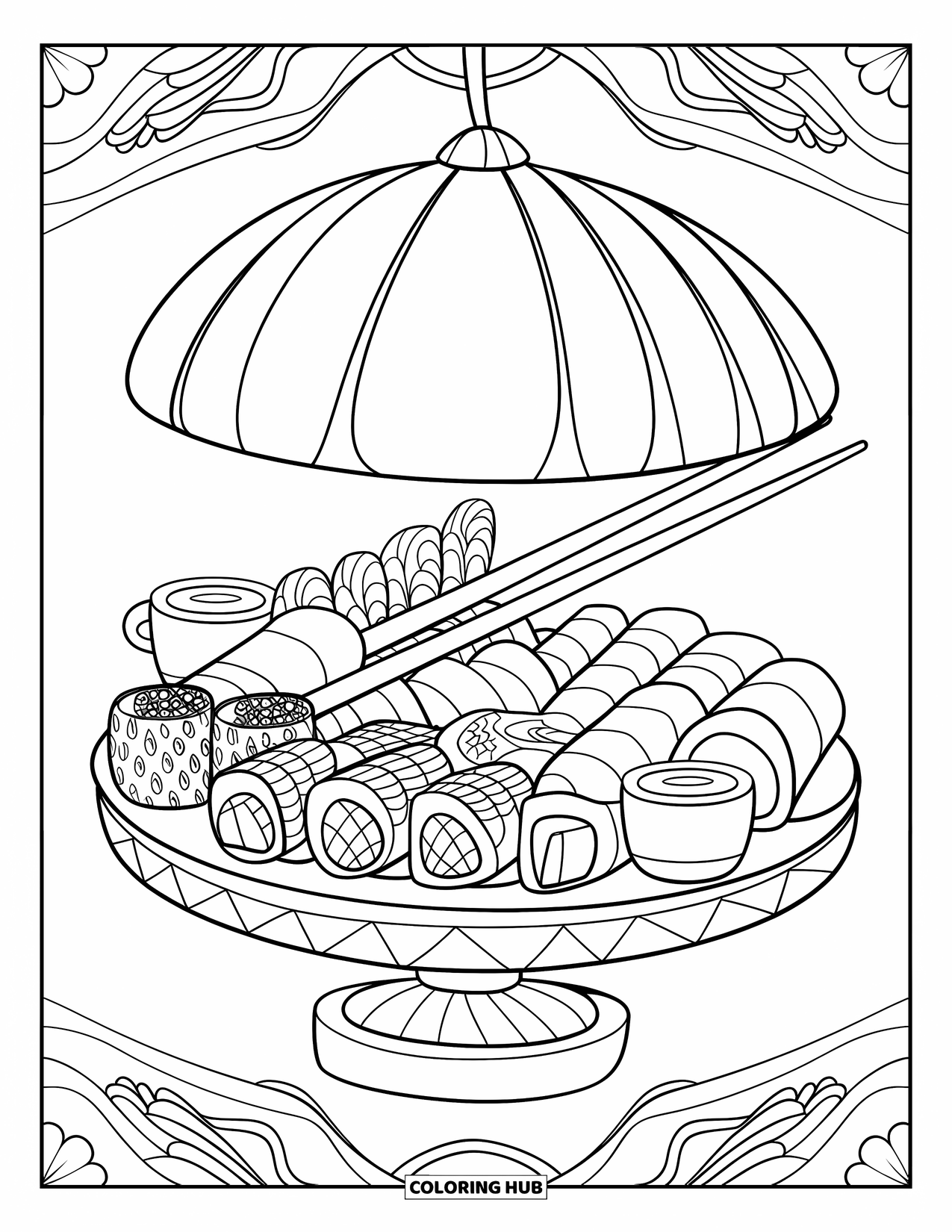 Sushi Coloring Page for Kids: A sushi platter featuring dragon rolls, sashimi, and elegant artistic details, making for an intricate coloring page