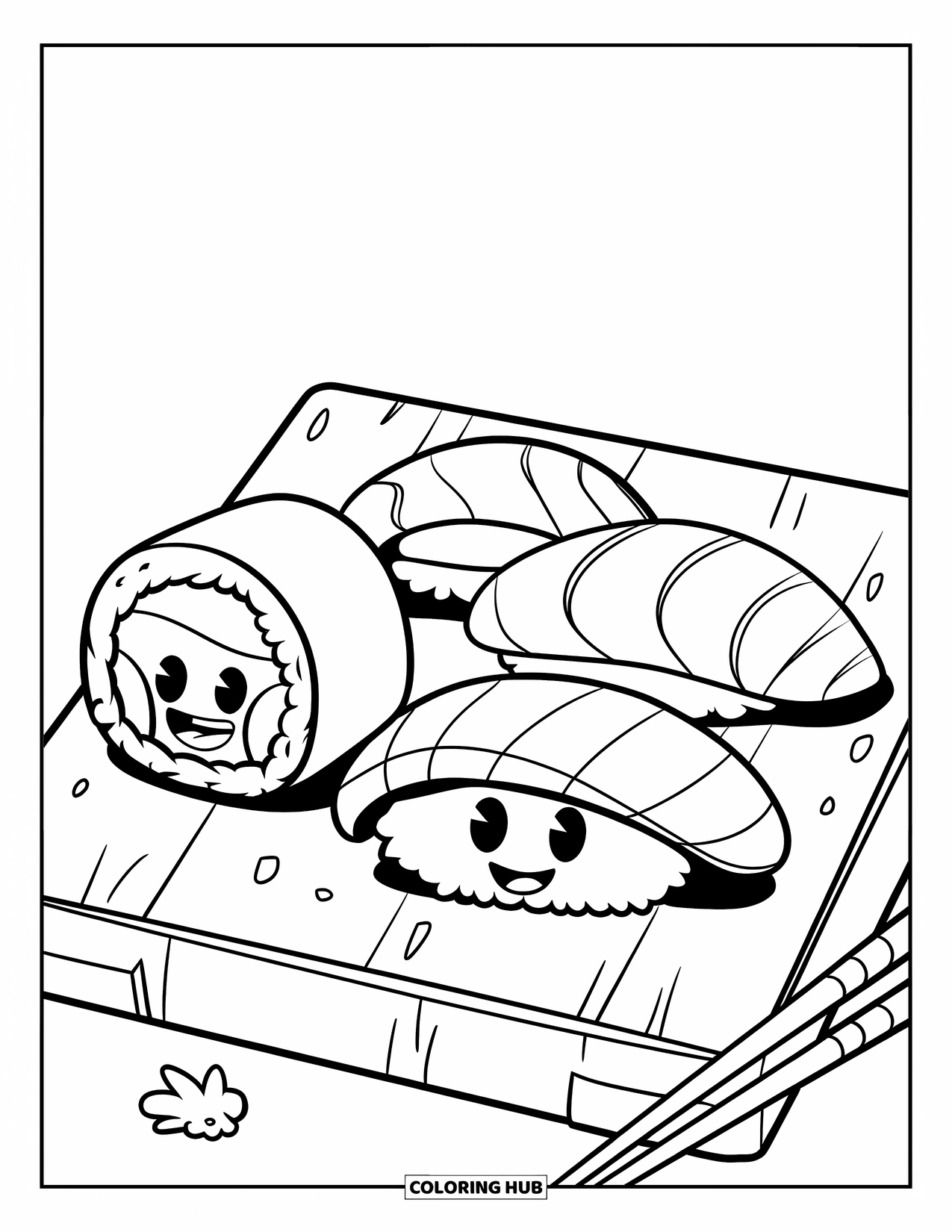 Sushi Coloring Page for Kids: A sushi platter with a cheerful maki roll, nigiri, and sashimi, all with happy faces