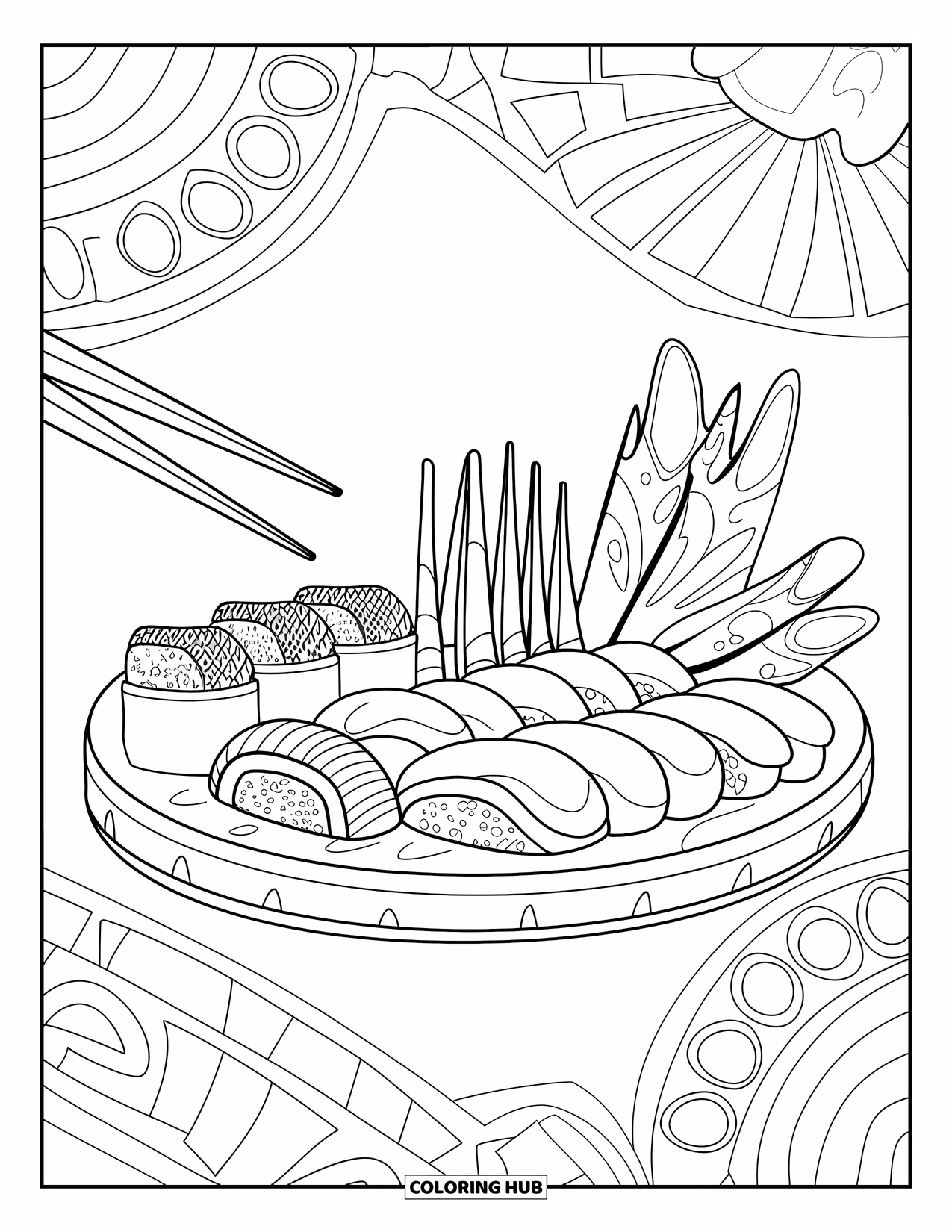 Sushi Coloring Page for Kids: A sushi platter with diverse sushi styles, arranged in a visually appealing way with decorative elements