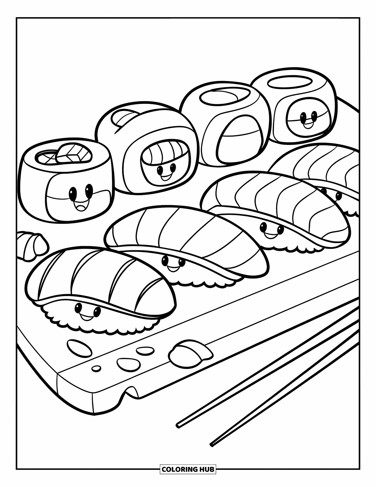 Sushi Coloring Page for Kids: A sushi platter with happy sushi pieces, clean bold outlines, and a white background, perfect for coloring