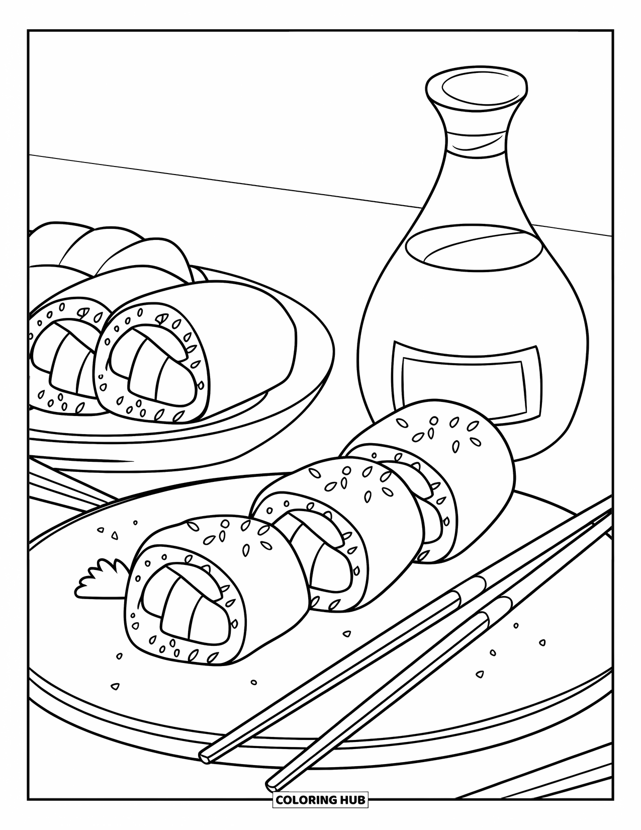 Sushi Coloring Page for Kids: A sushi-themed illustration featuring maki rolls, a soy sauce bottle, and chopsticks on a clean, minimal background