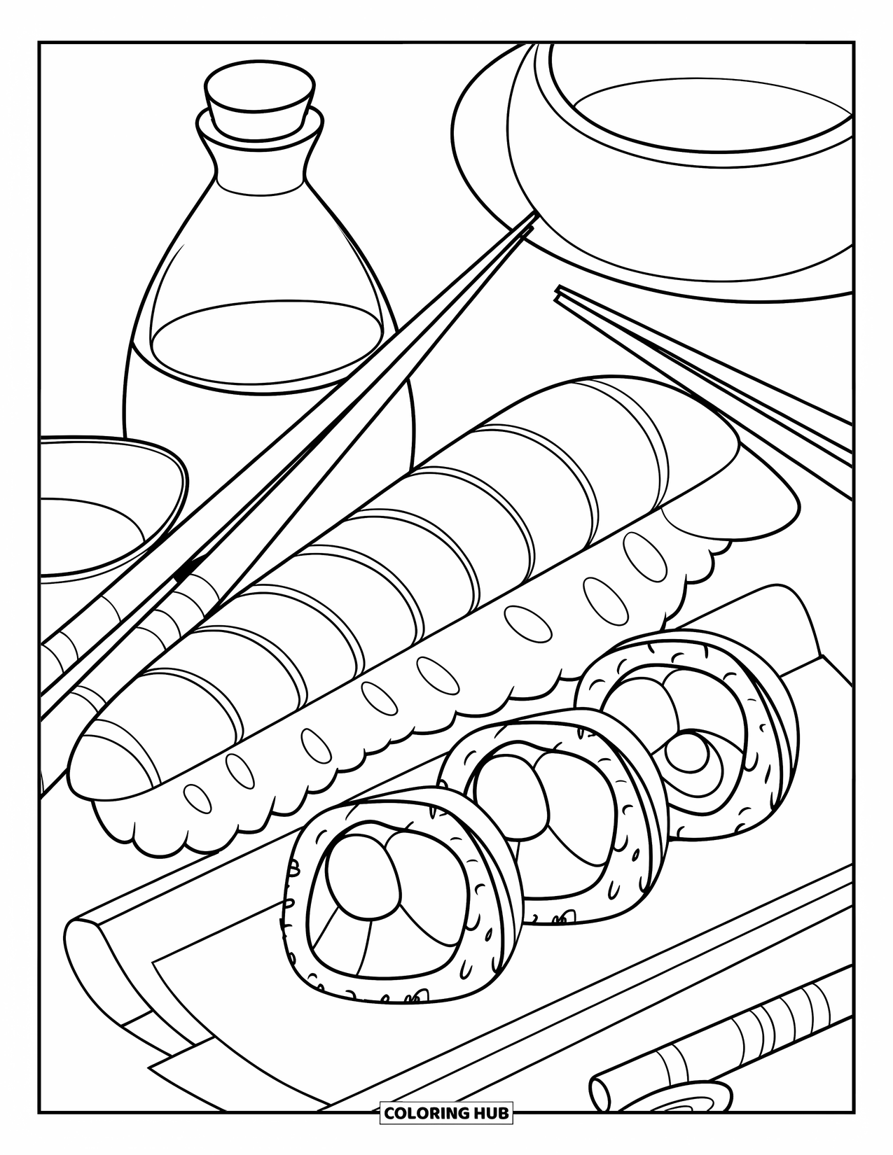 Sushi Coloring Page for Kids: A sushi-themed scene featuring maki rolls, chopsticks, and a soy sauce bottle in a dynamic arrangement