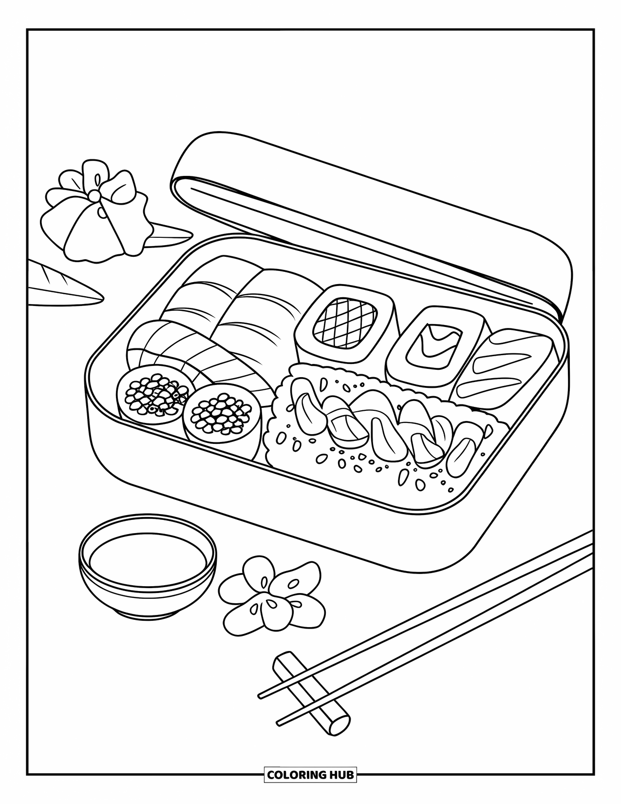 Sushi Coloring Page for Kids: A trendy sushi bento box with sashimi, sushi rolls, garnishes, and a soy sauce container, drawn in bold outlines