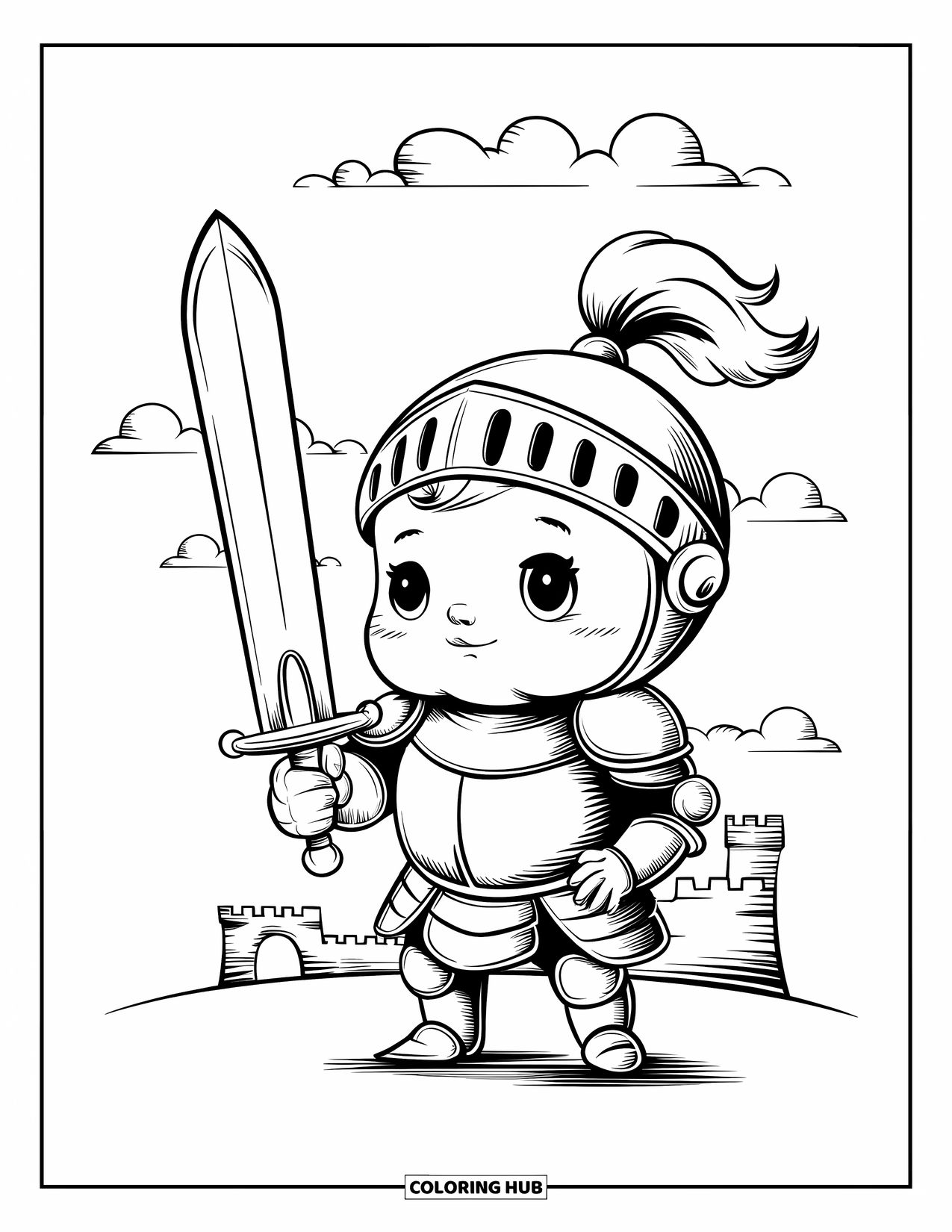 Sword Coloring Page for Adults: A baby knight in a helmet, gripping an oversized sword, standing in front of a cute castle