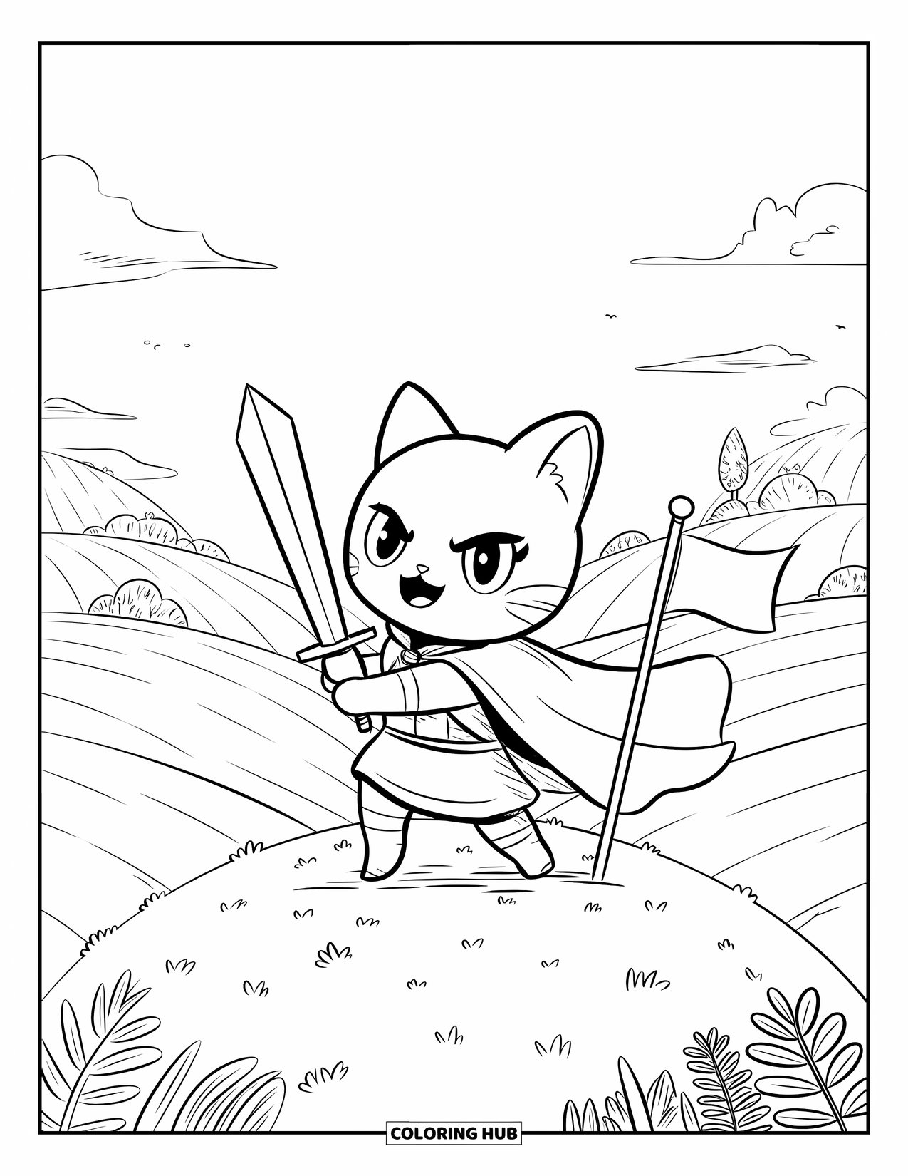 Sword Coloring Page for Adults: A brave chibi warrior cat standing on a hill with a flag, surrounded by trees and rolling hills