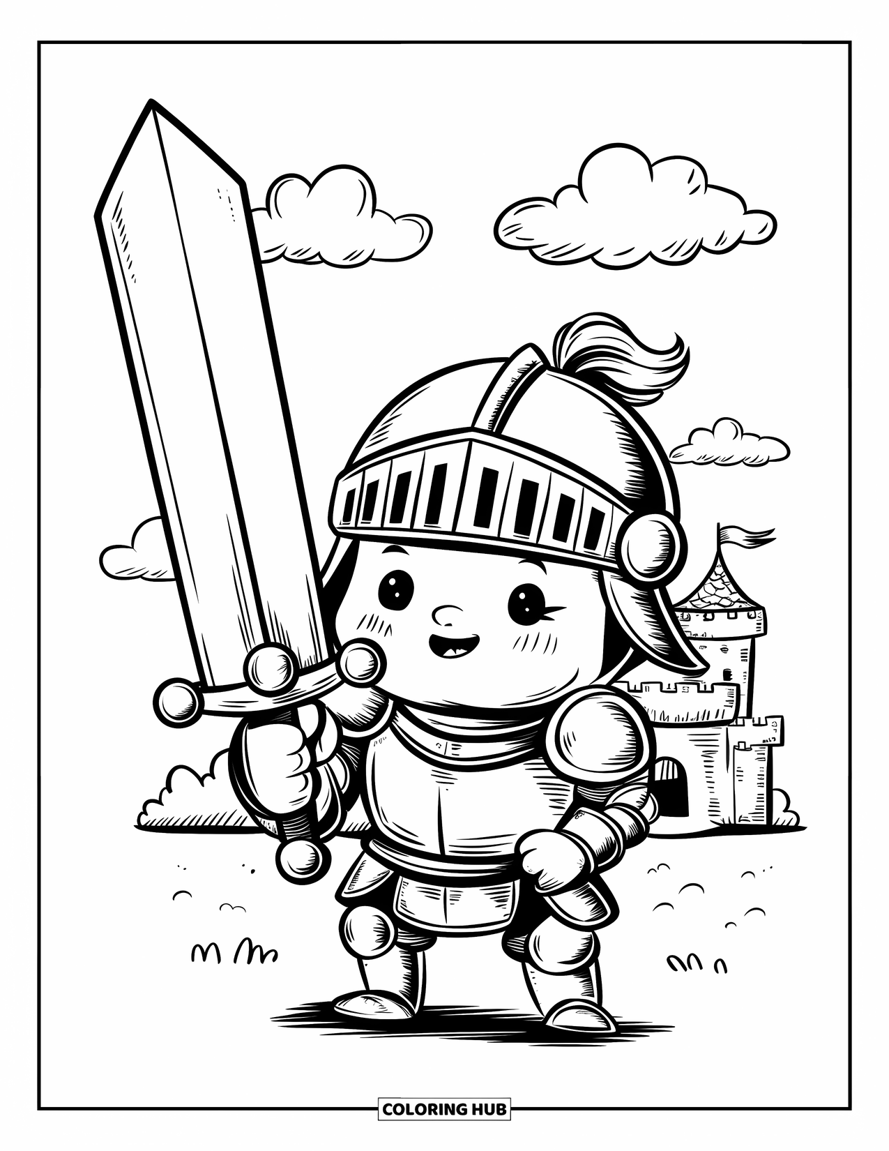 Sword Coloring Page for Adults: A chubby baby knight in oversized armor, holding a giant sword in front of a tiny castle