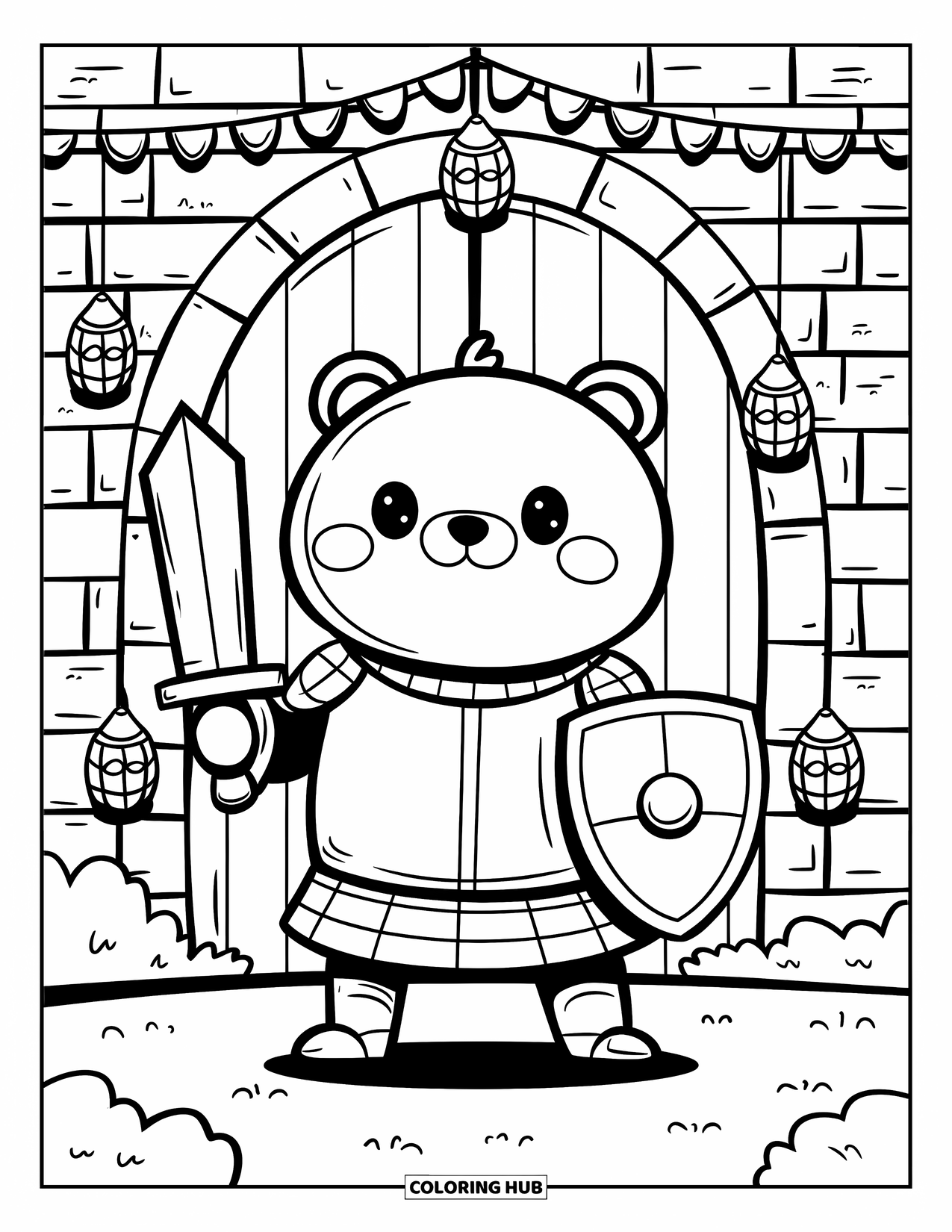 Sword Coloring Page for Adults: A chunky bear cub dressed as a knight, holding a wooden sword and shield in front of a castle