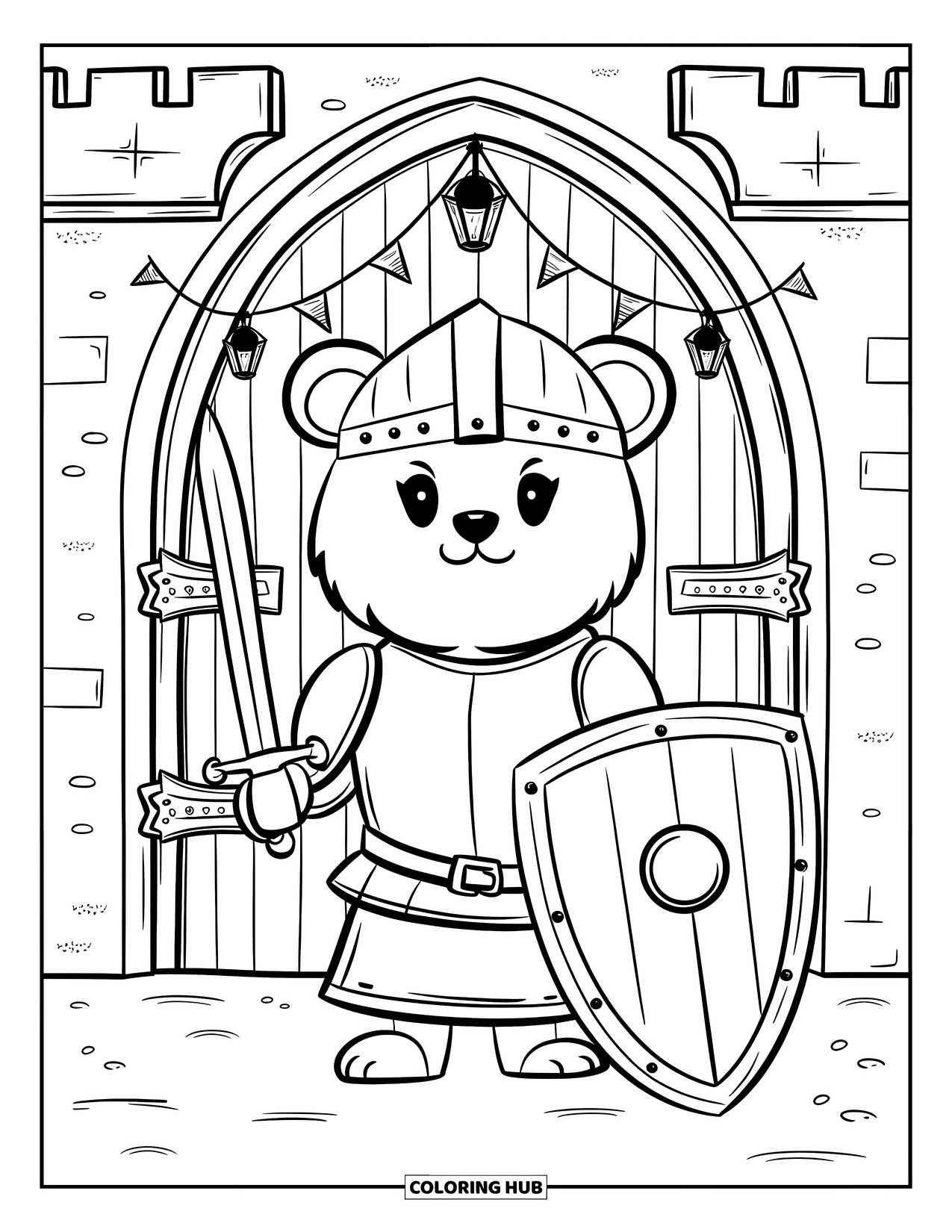 Sword Coloring Page for Adults: A cute bear cub in knight armor standing at a castle door with banners and lanterns