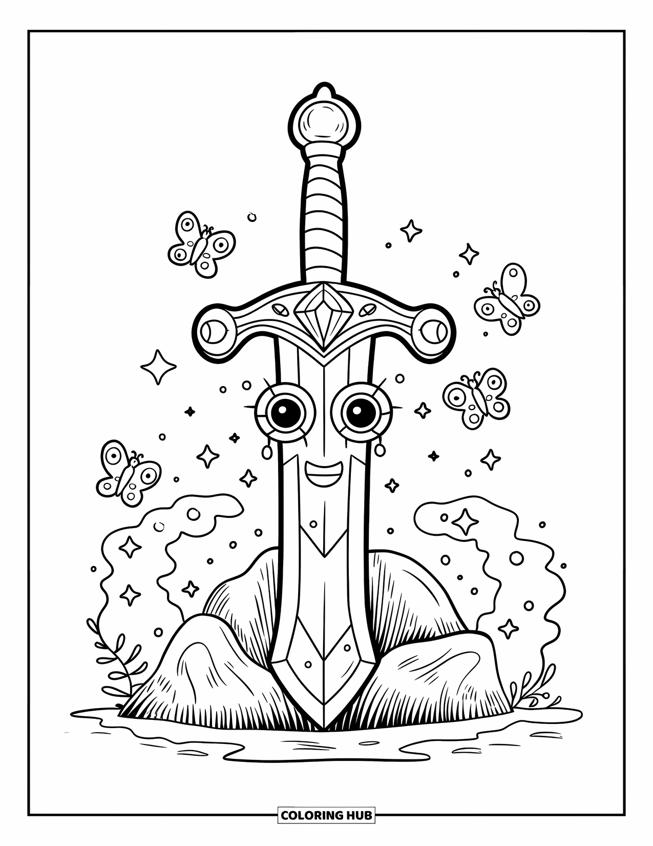 Sword Coloring Page for Adults: A cute enchanted sword with gemstone eyes, sitting on a rock with swirls of magical energy