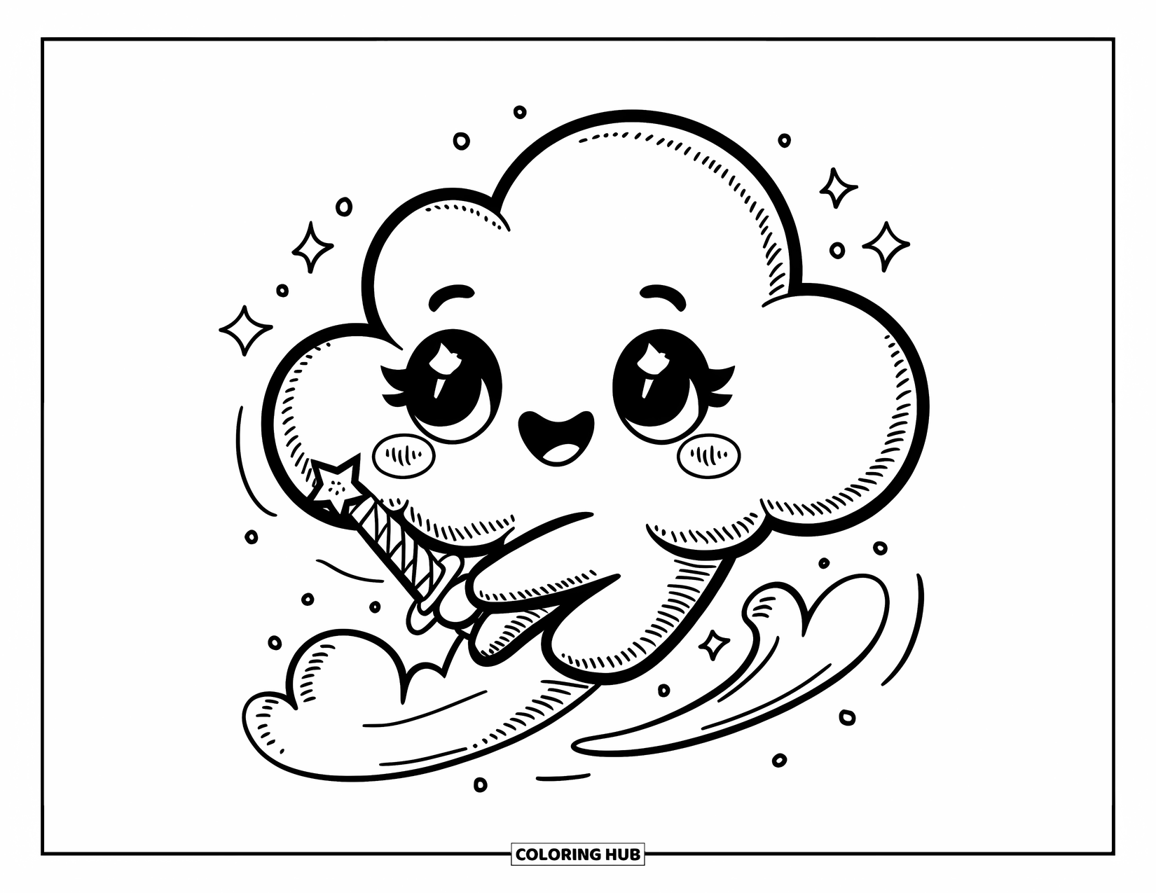 Sword Coloring Page for Adults: A cute floating cloud holding a tiny star-tipped sword, surrounded by sparkles and soft breezes
