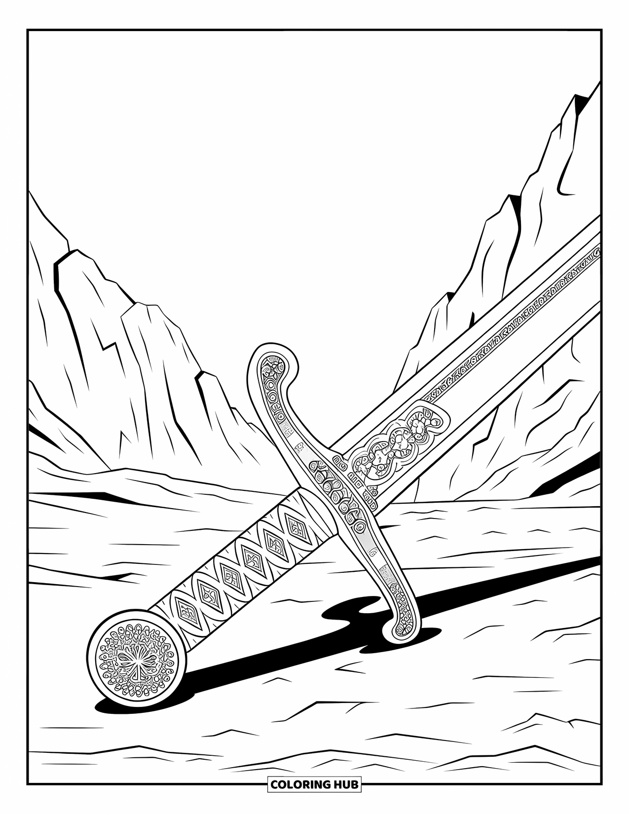 Sword Coloring Page for Adults: A decorated Viking sword resting on rocky terrain with a clear sky and mountains in the background