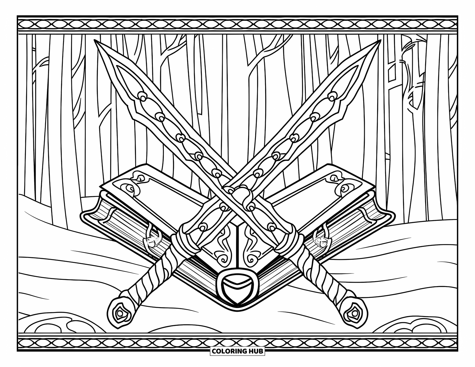 Sword Coloring Page for Adults: A detailed weapon and spellbook scene with a decorative border, set in a mystical forest